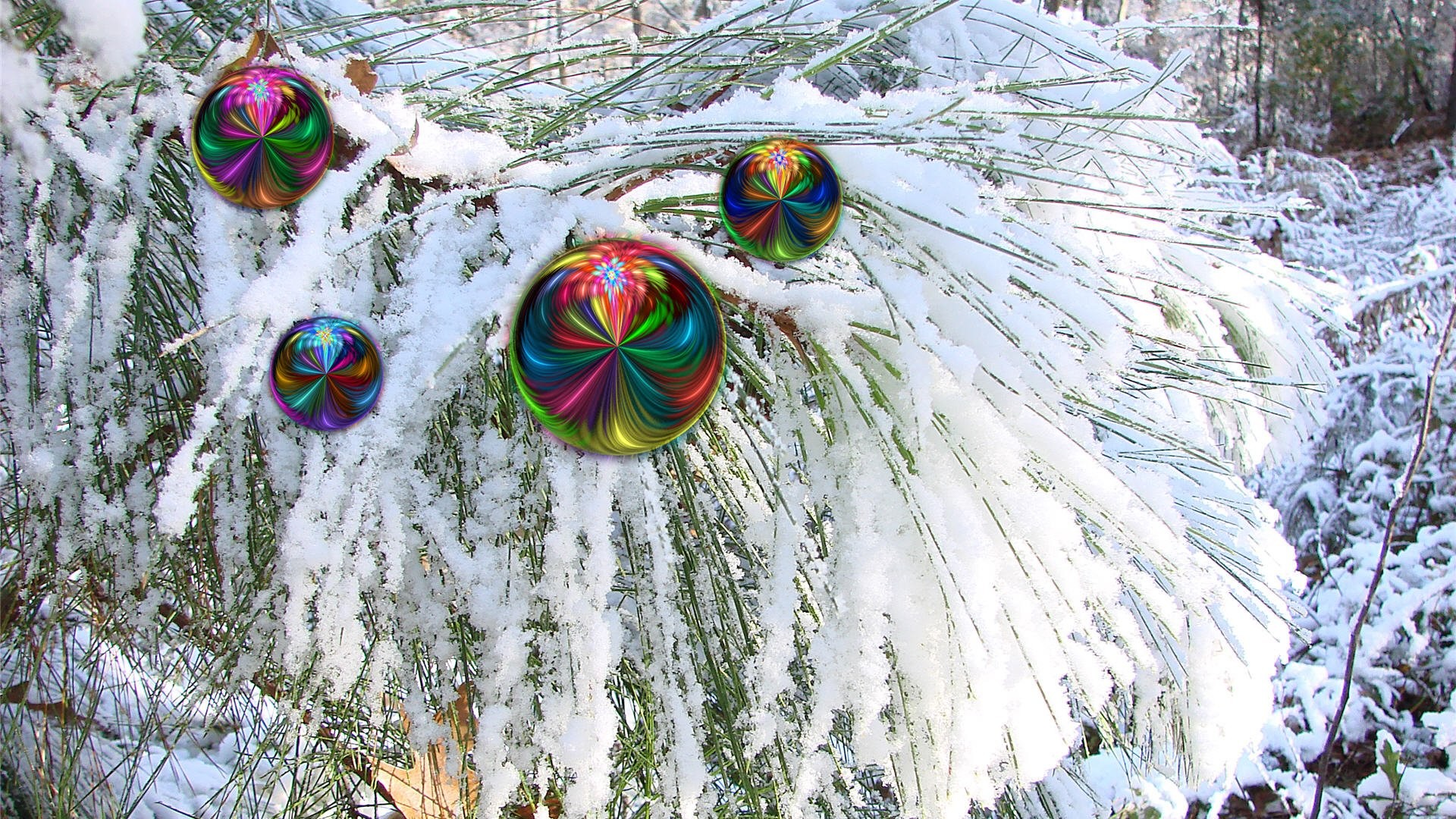 Palline di Natale, Rami innevati, Colori vivaci, Full HD, sfondo per PC e portatile