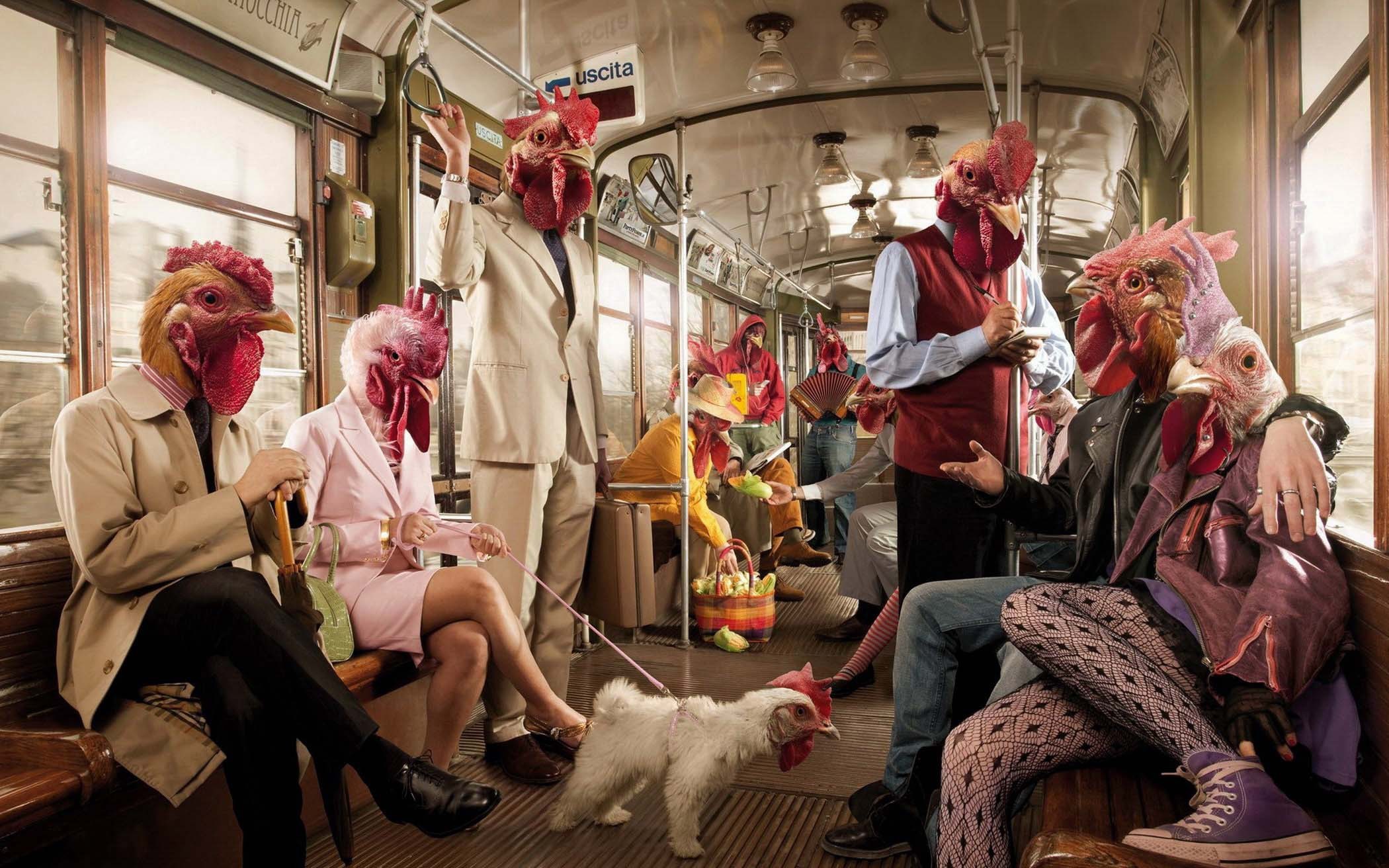 Uomini gallo, Tram, Surreale, Maschere, 2100x1312, sfondo MacBook Pro