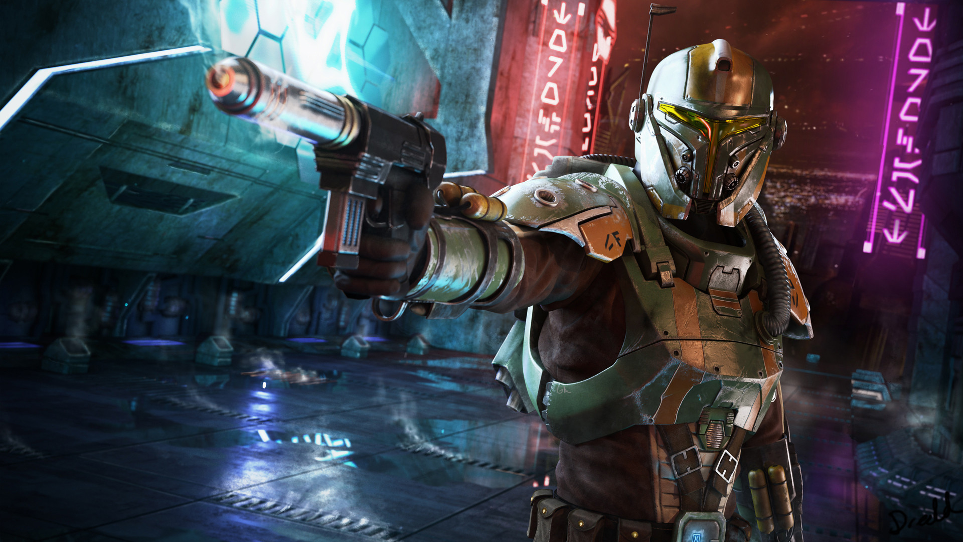 Mandaloriano, Blaster, Neon, Fantascienza, 16:9 Full HD, wallpaper widescreen