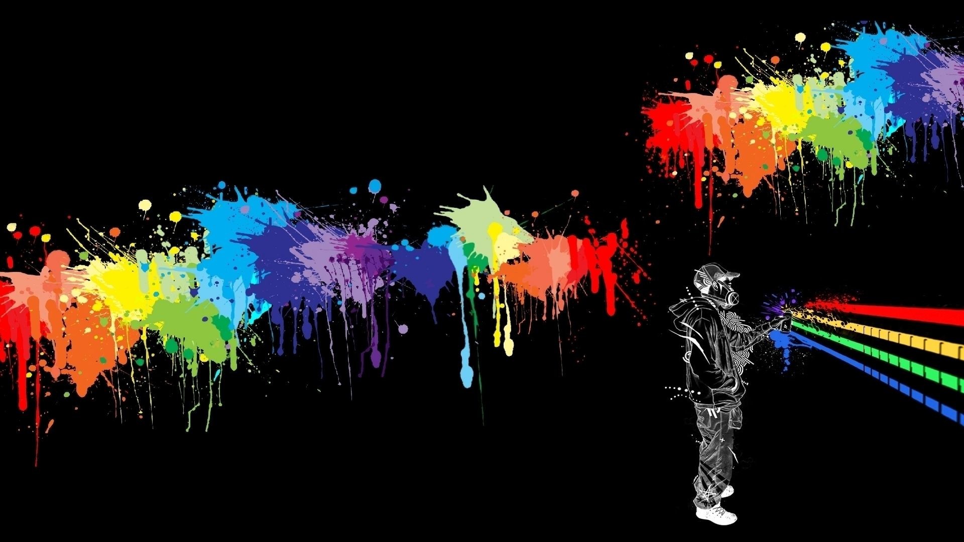 Banksy, Schizzi di colore, Arcobaleno, Sfondo nero, 1920x1080, wallpaper desktop
