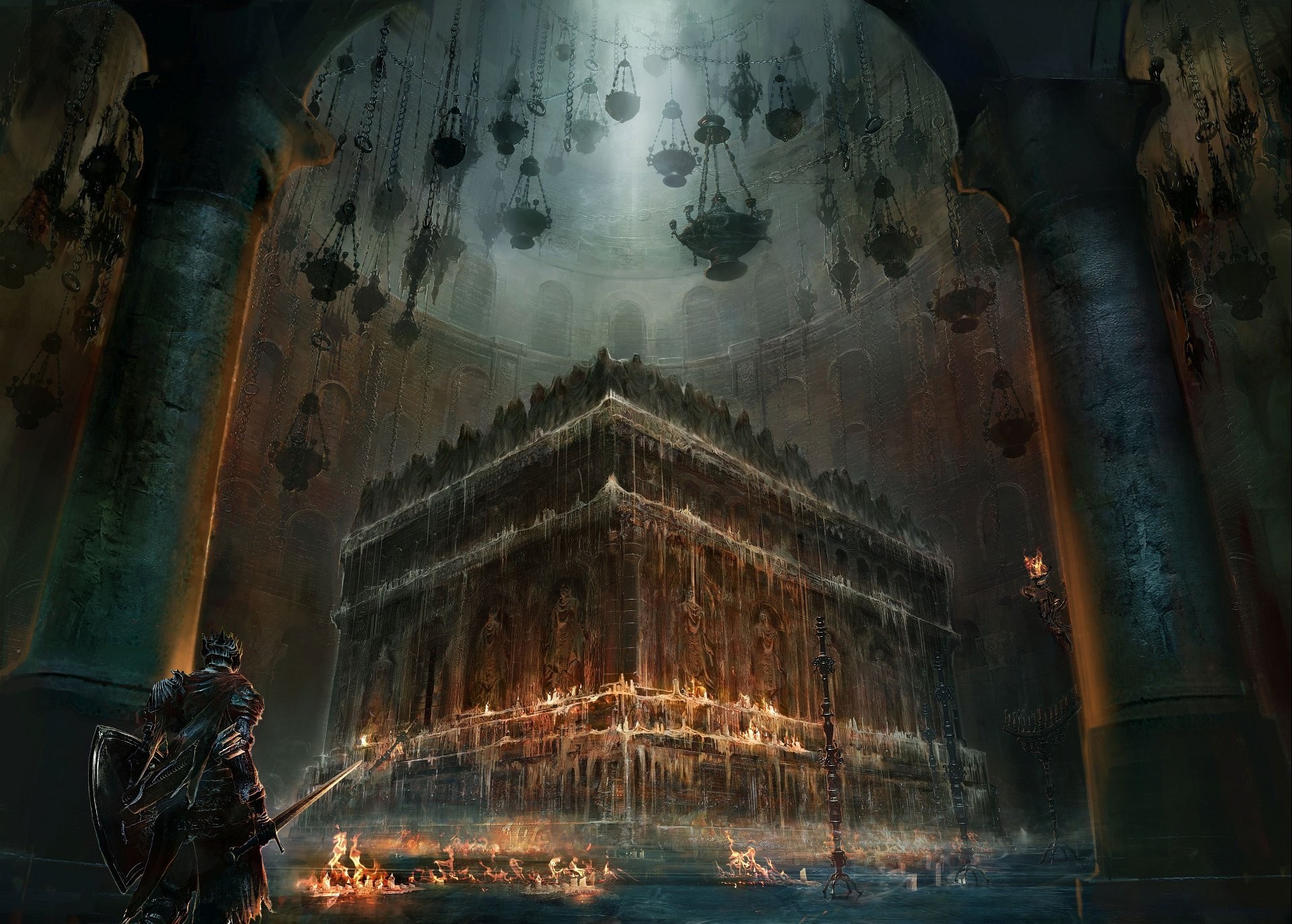 Dark Souls, Cattedrale, Fuoco, Arte fantasy, Full HD, sfondo per PC e portatile
