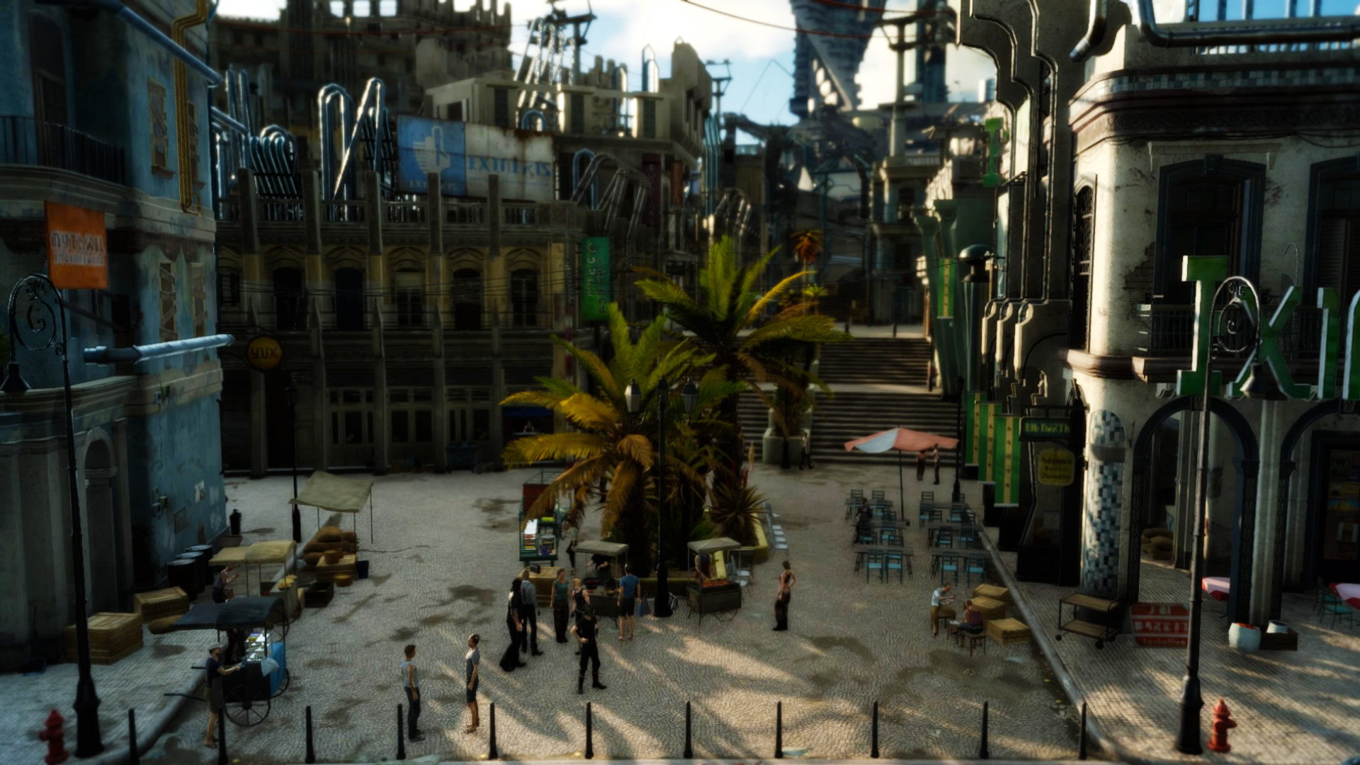 Lestallum, Final Fantasy XV, Piazza, Palme, Città, Full HD, wallpaper per portatile