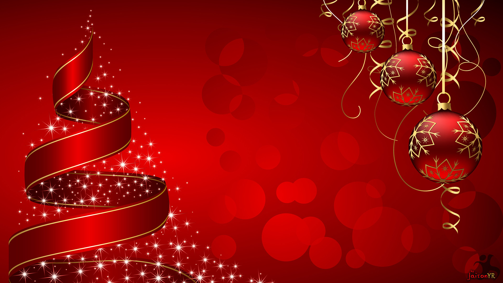 Albero stilizzato, Nastro, Palline di Natale, Rosso, 1920x1080, immagine di sfondo