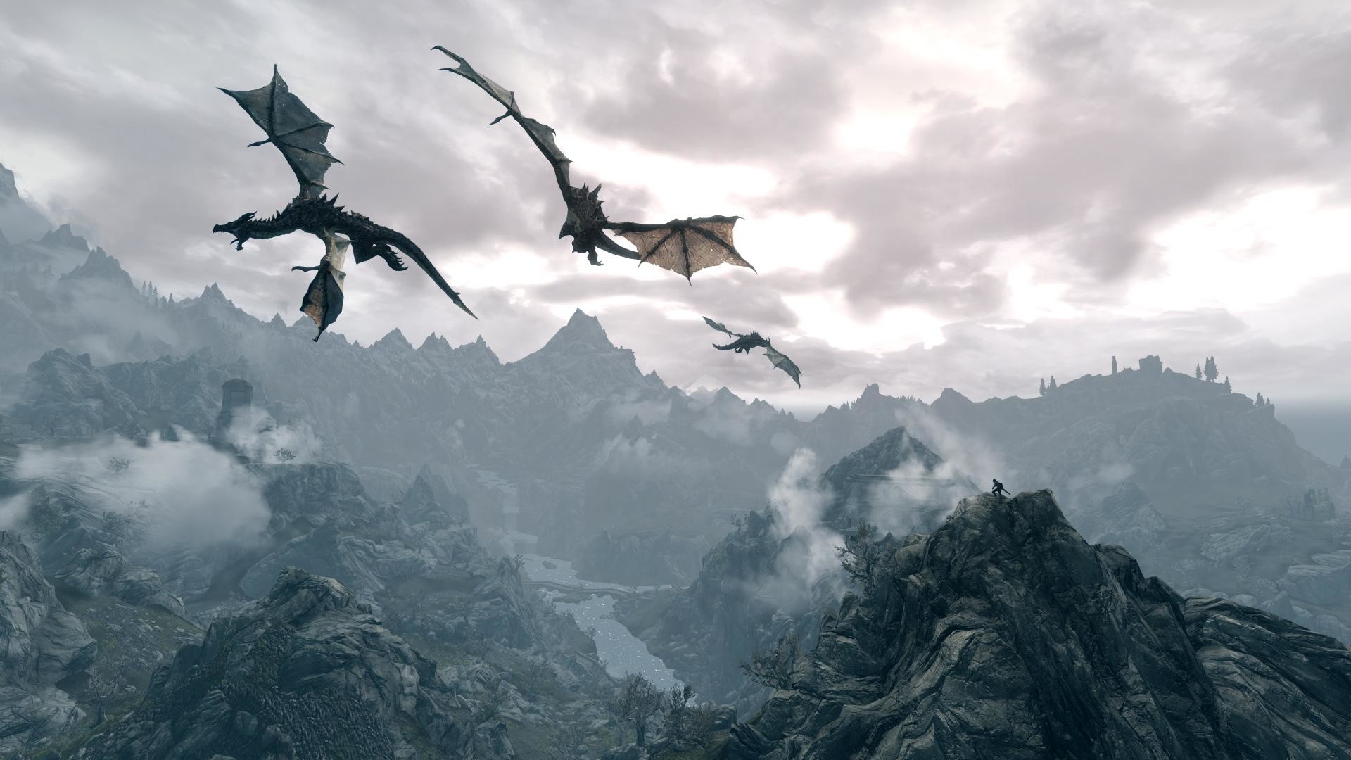 The Elder Scrolls V: Skyrim, Draghi, Montagne, Nuvole, Full HD, sfondo desktop