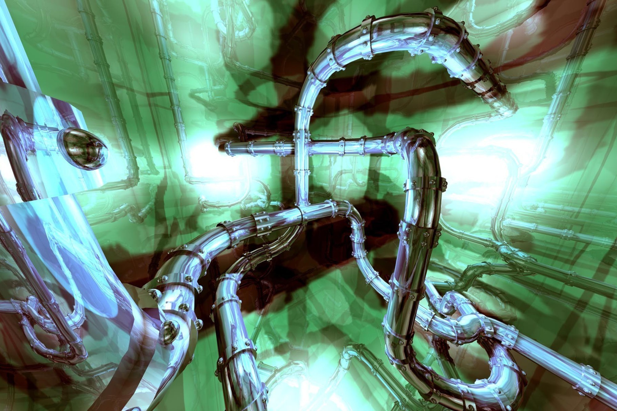 Tubi metallici, Rendering 3D, Verde, Astratto, Full HD, sfondo per PC e portatile