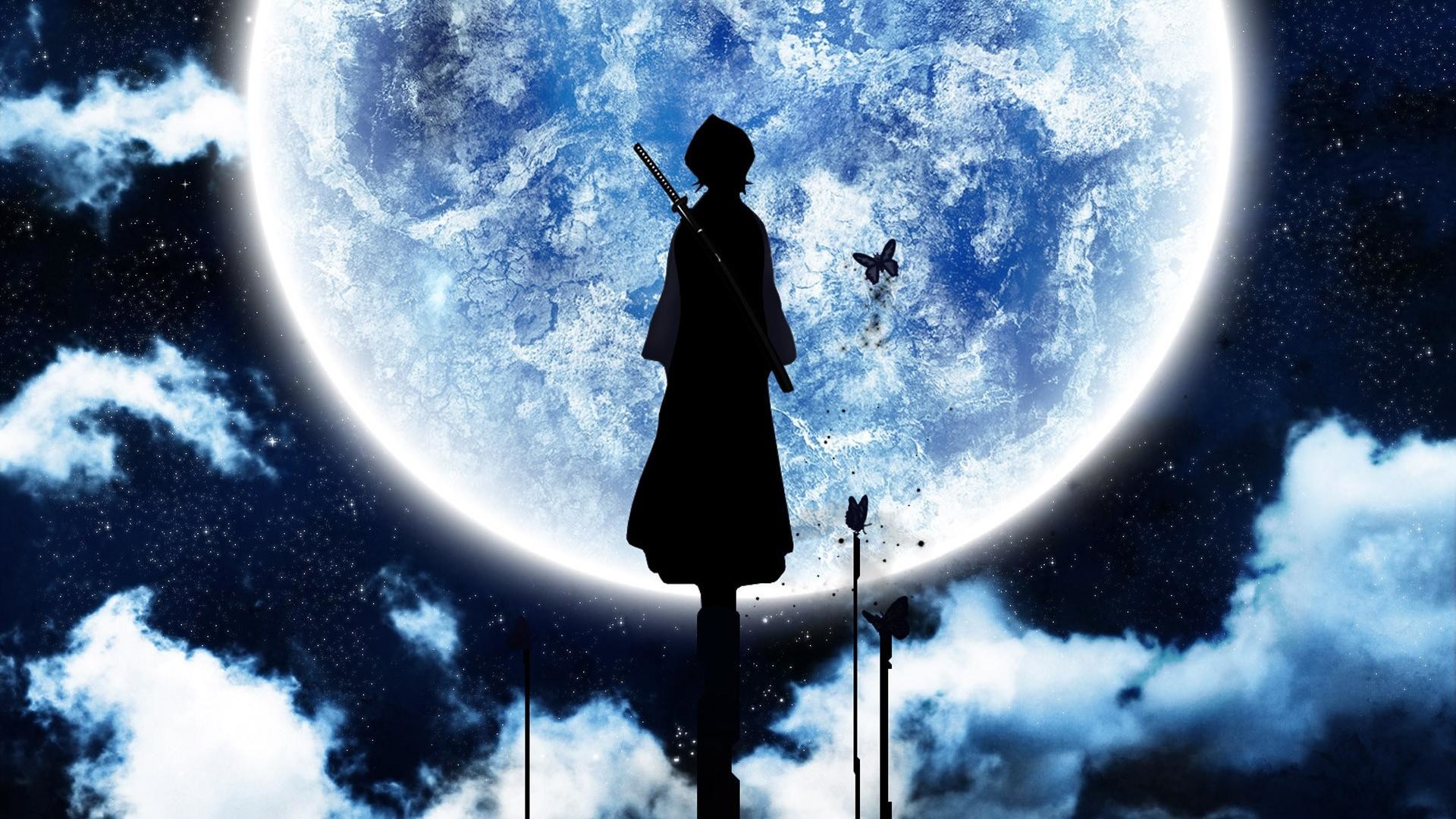 Silhouette, Luna piena, Spada, Nuvole, Notte, Full HD, sfondo per PC