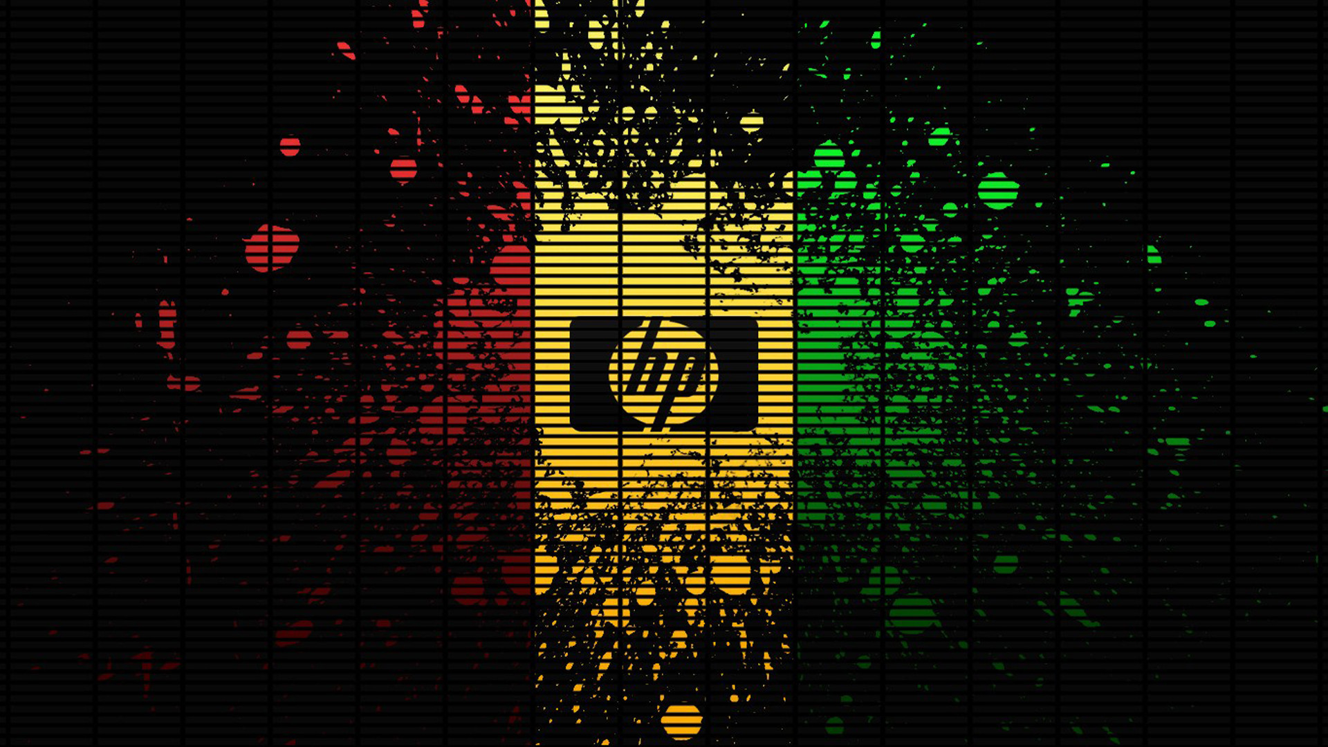 Logo HP, Rosso giallo verde, Schizzi, Sfondo nero, Grunge, 16:9 Full HD, wallpaper widescreen