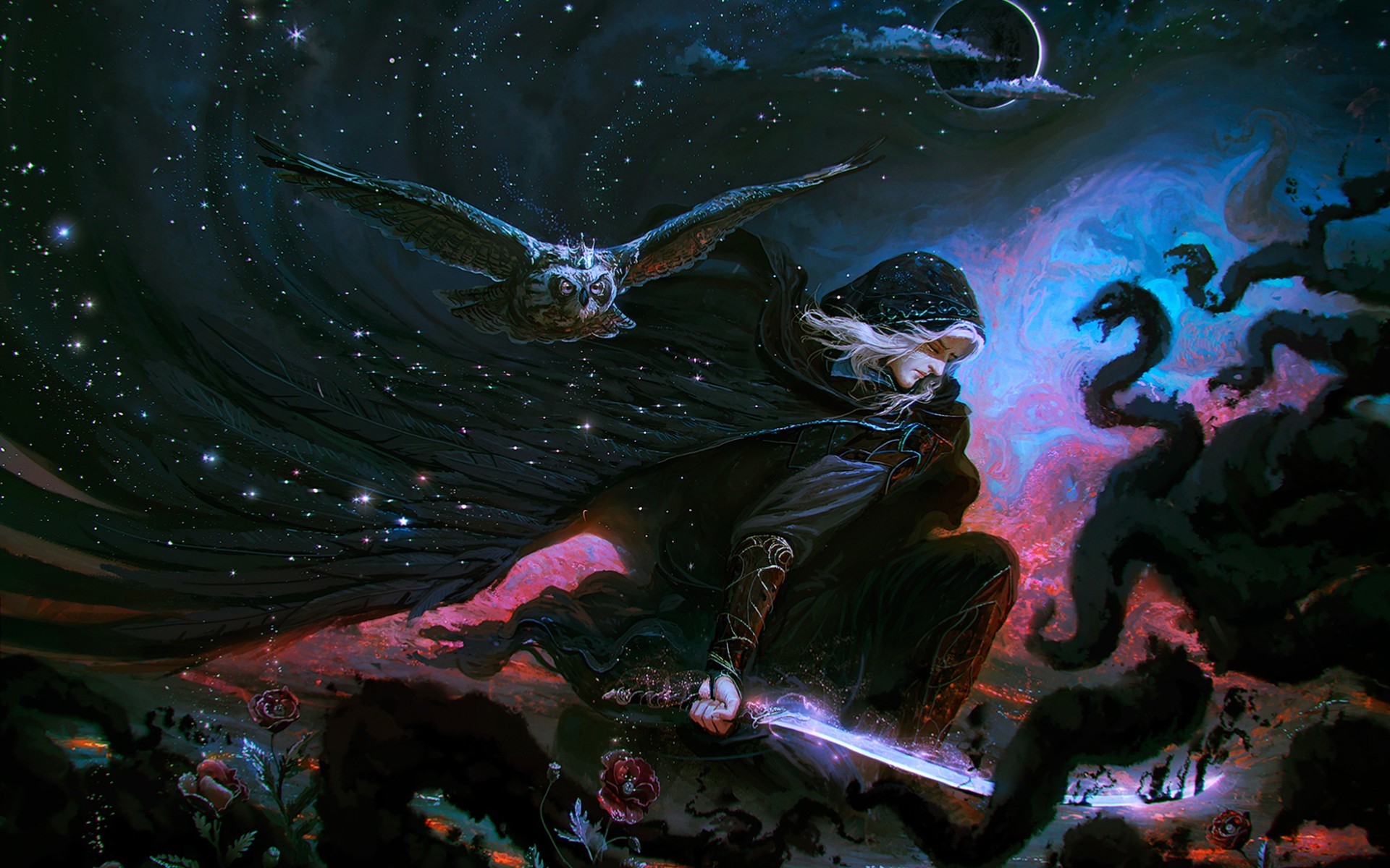 Gufo, Spadaccino, Fantasy, Notte stellata, 1920x1200, wallpaper desktop