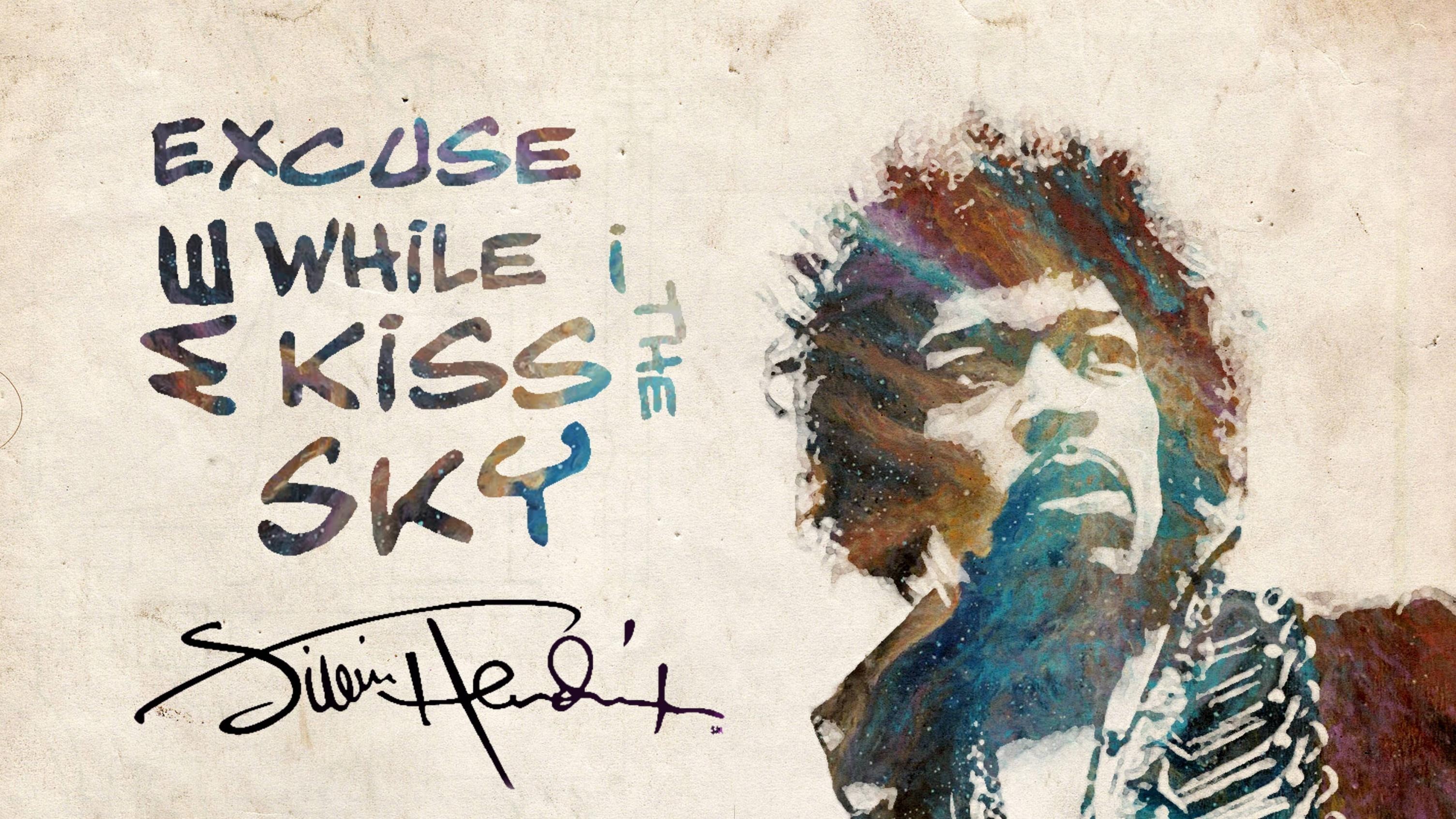Jimi Hendrix, Excuse me while I kiss the sky, Autografo, Acquerello, sfondo 2K per PC