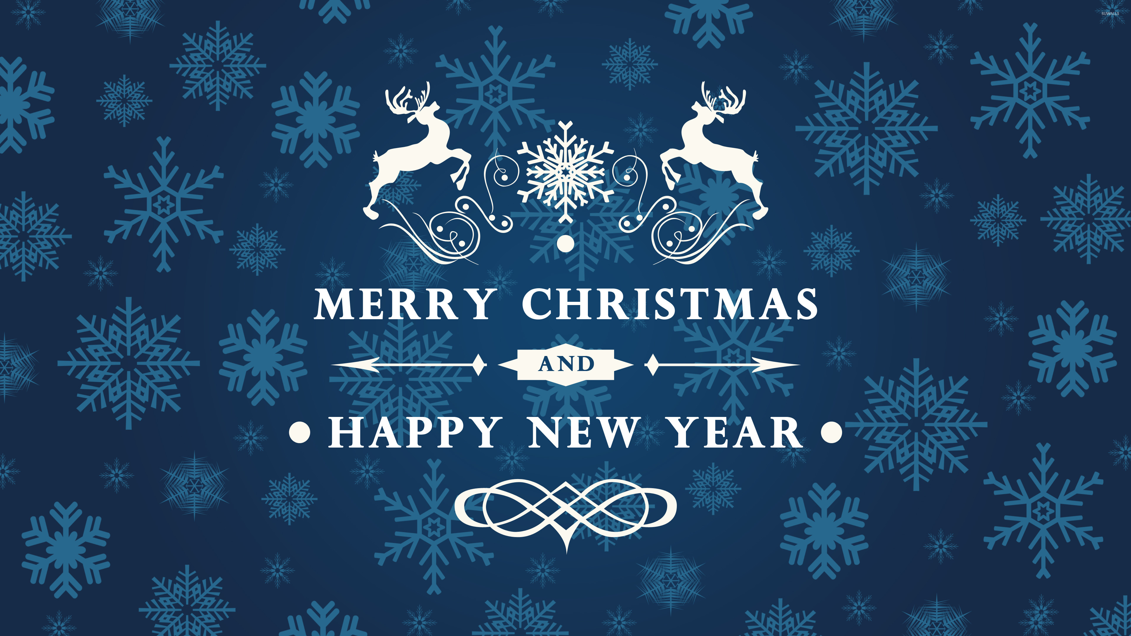 Merry Christmas, Buon Anno, Renne, Fiocchi di neve, Blu, 4K, sfondo Windows 11