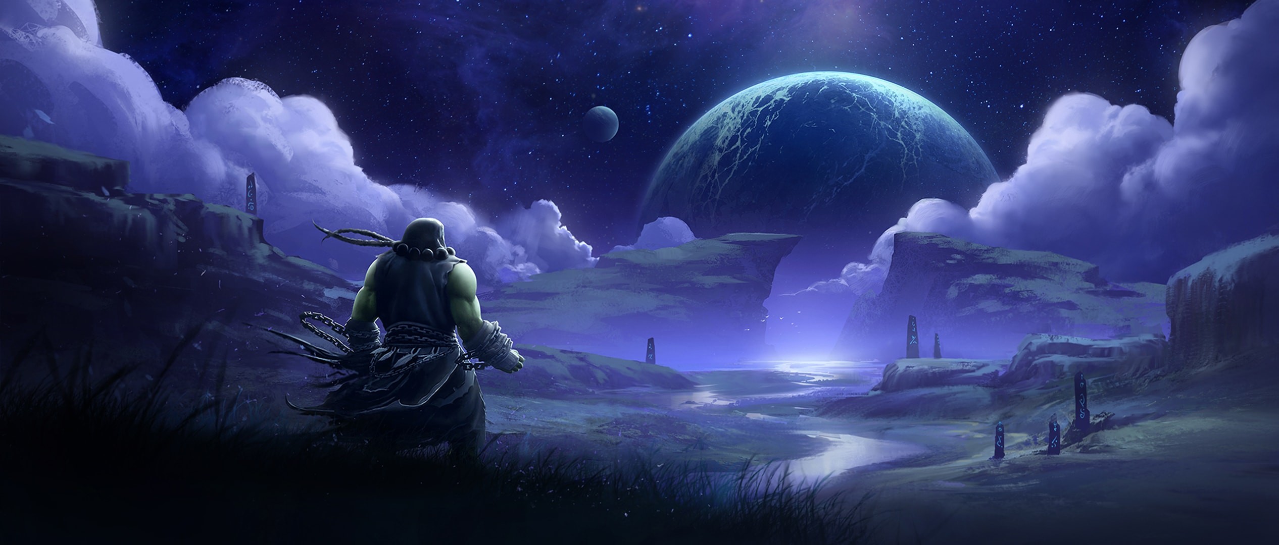 Warcraft, Orco, Paesaggio fantasy, Notte, Pianeta, 21:9 1080p, sfondo per monitor ultrawide