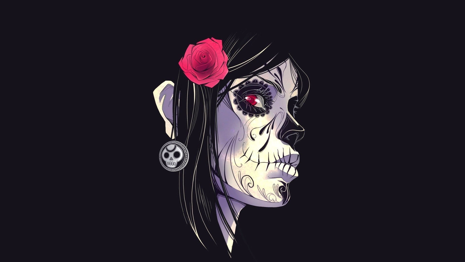Catrina, Trucco Día de los Muertos, Rosa rossa, Illustrazione, Full HD 1080p, sfondo desktop