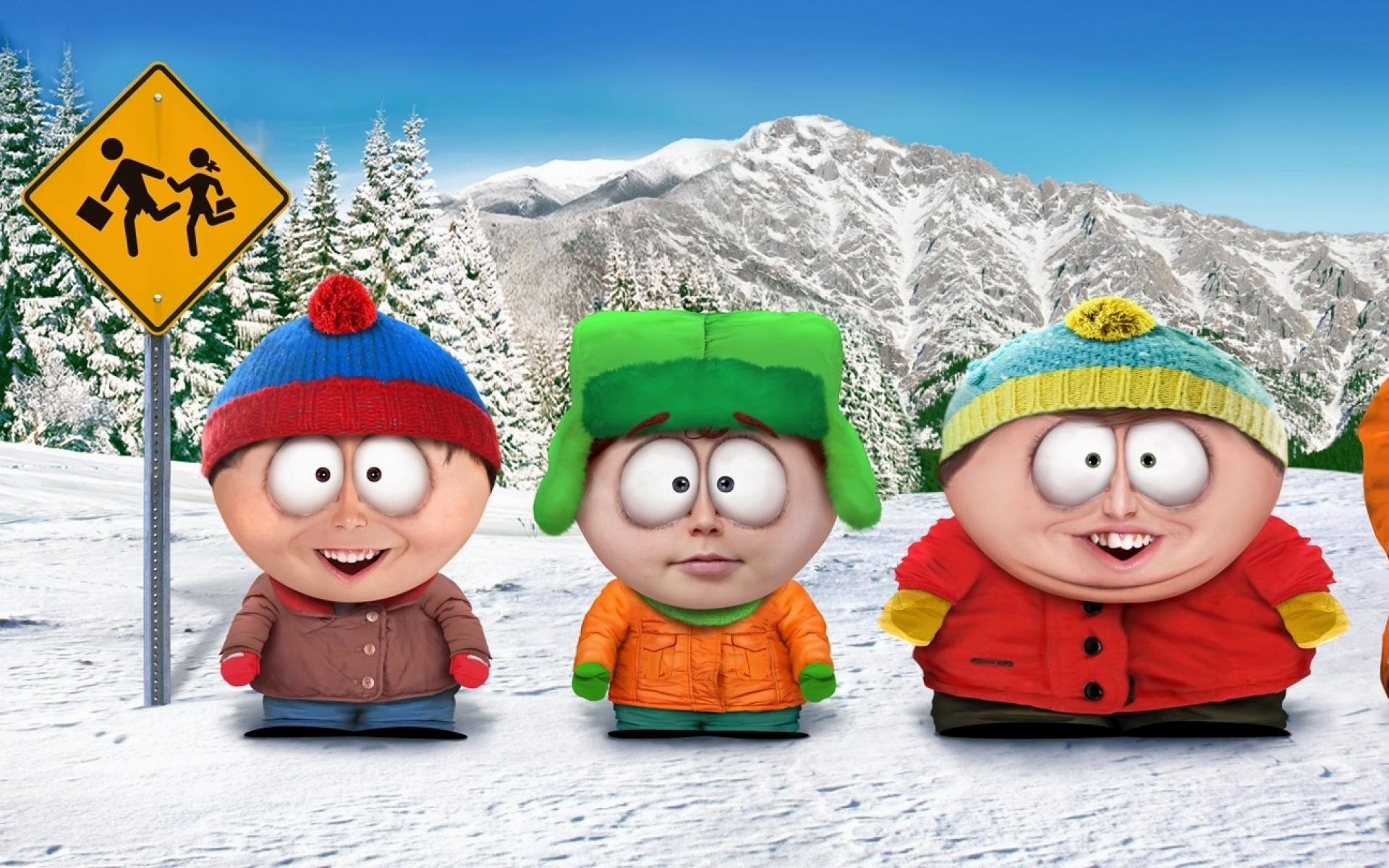 South Park, Stan Marsh, Kyle Broflovski, Eric Cartman, Rendering 3D, Neve, sfondo widescreen Full HD