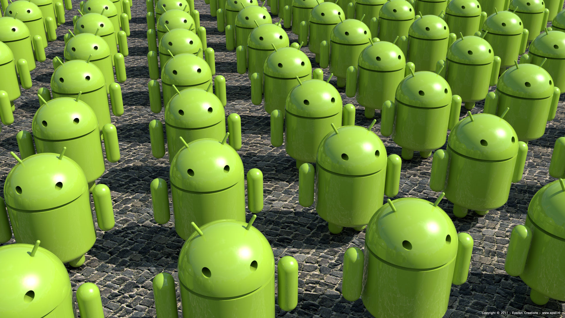 Android, Robot verdi, 3D, Folla, sfondo tablet