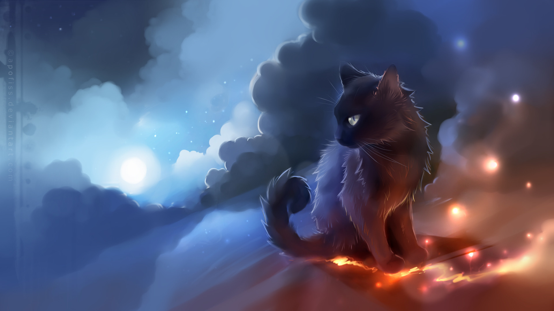 Gatto nero, Illustrazione, Nuvole, Luna, Arte digitale, Full HD, sfondo desktop
