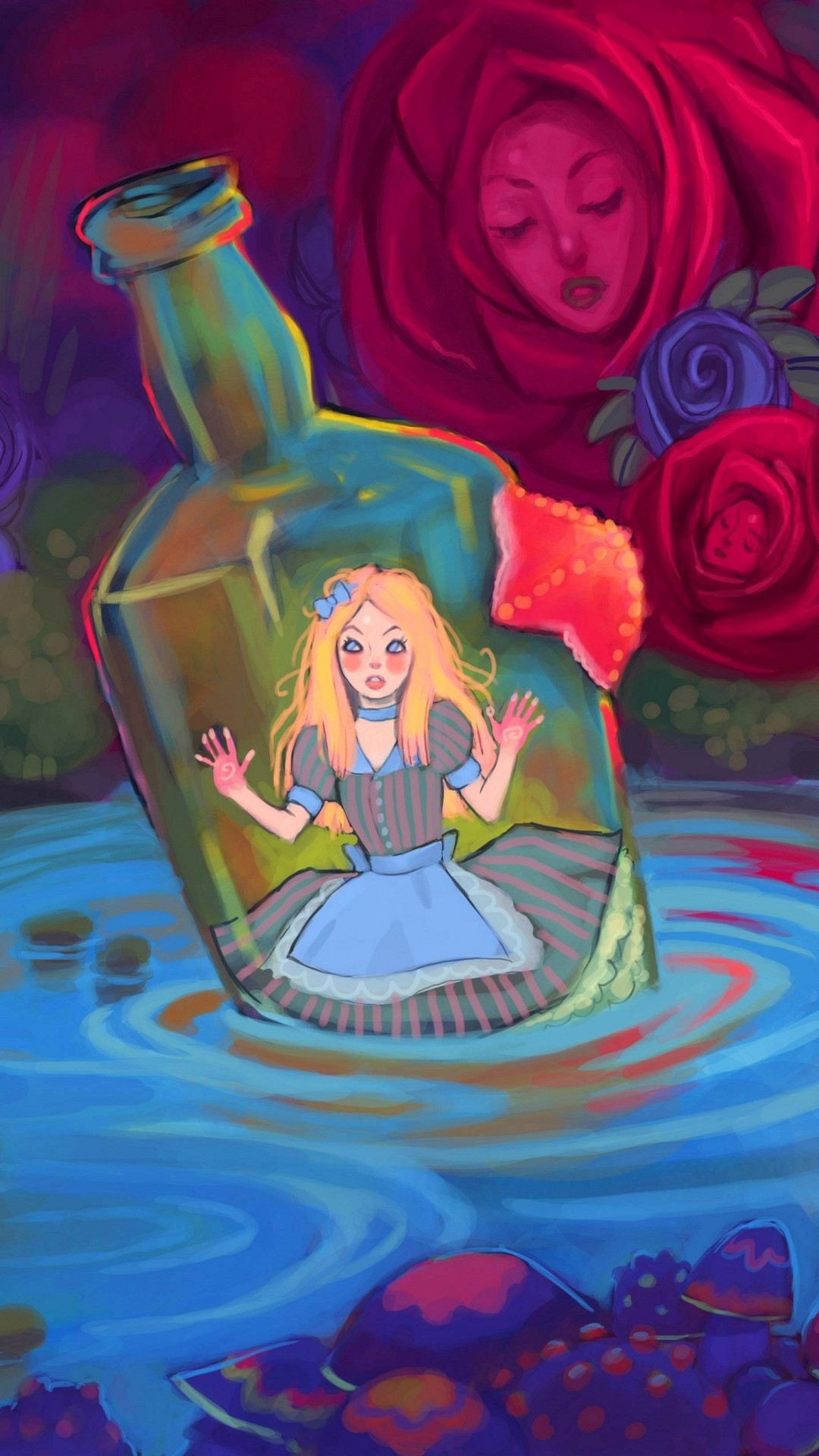 Alice, Alice nel Paese delle Meraviglie, Bottiglia, Rose, Illustrazione, sfondo 1080x1920 per cellulare
