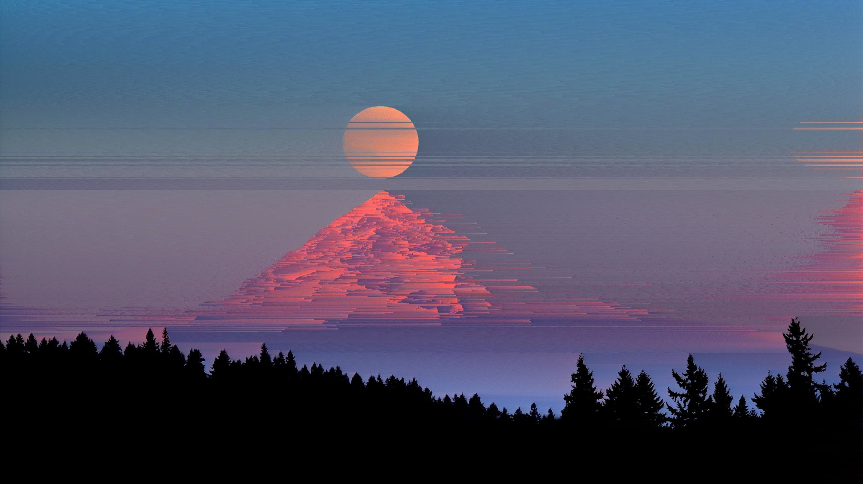 Vaporwave, Montagna, Sole, Foresta, Glitch, 2K, sfondo desktop