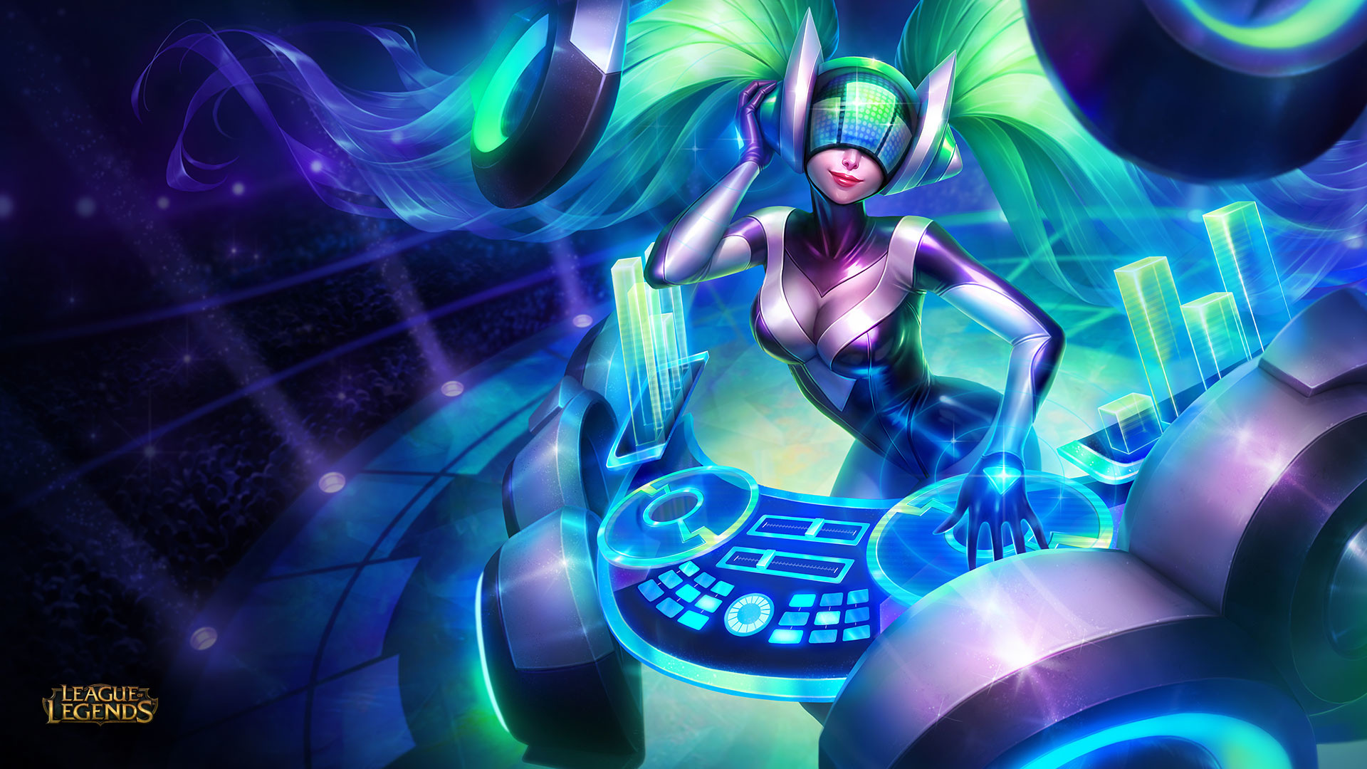 DJ Sona, Sona, League of Legends, Console DJ, Luci neon, 16:9 Full HD, wallpaper widescreen