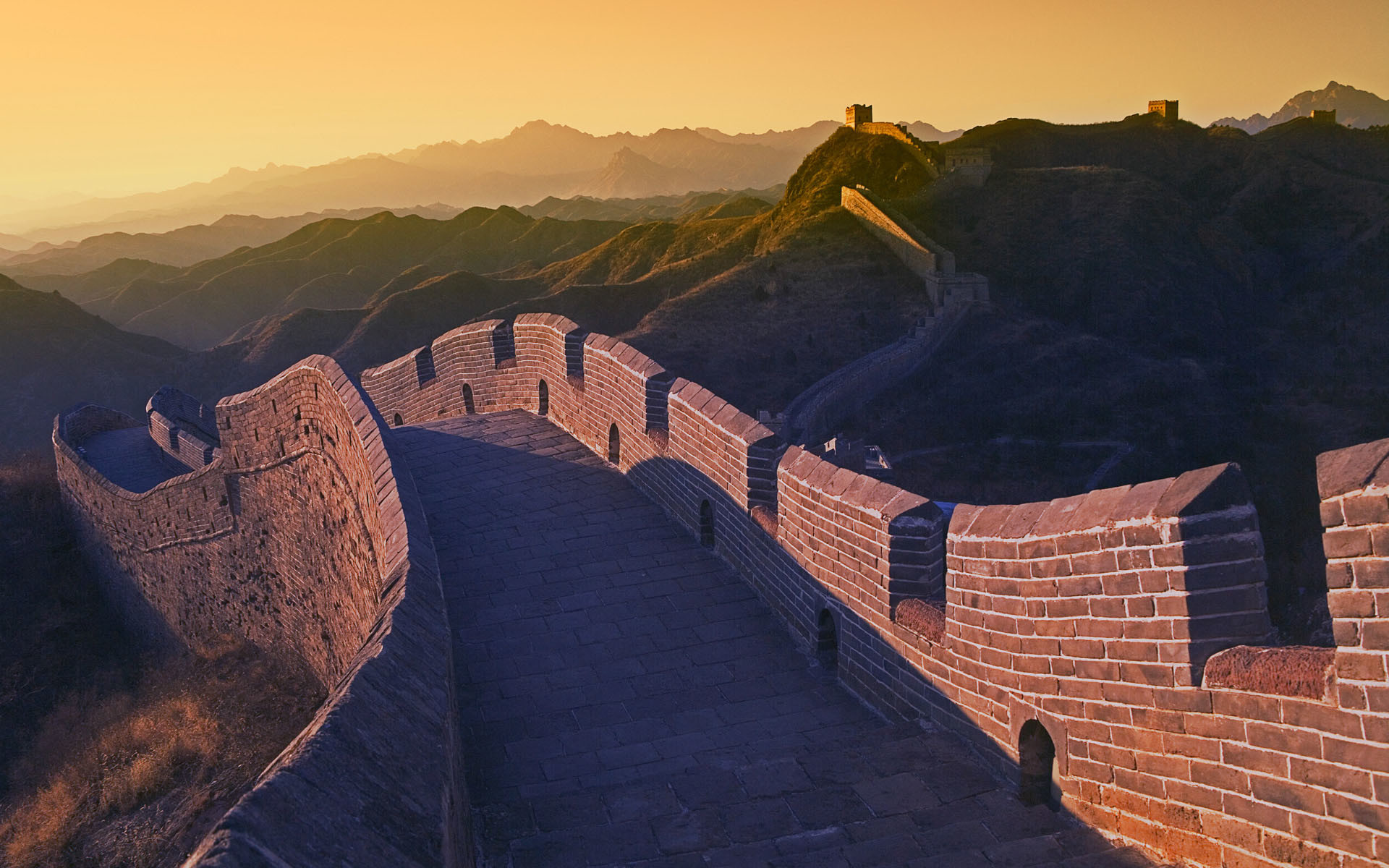 Grande Muraglia, Cina, Tramonto, Montagne, Full HD, immagine di sfondo Windows