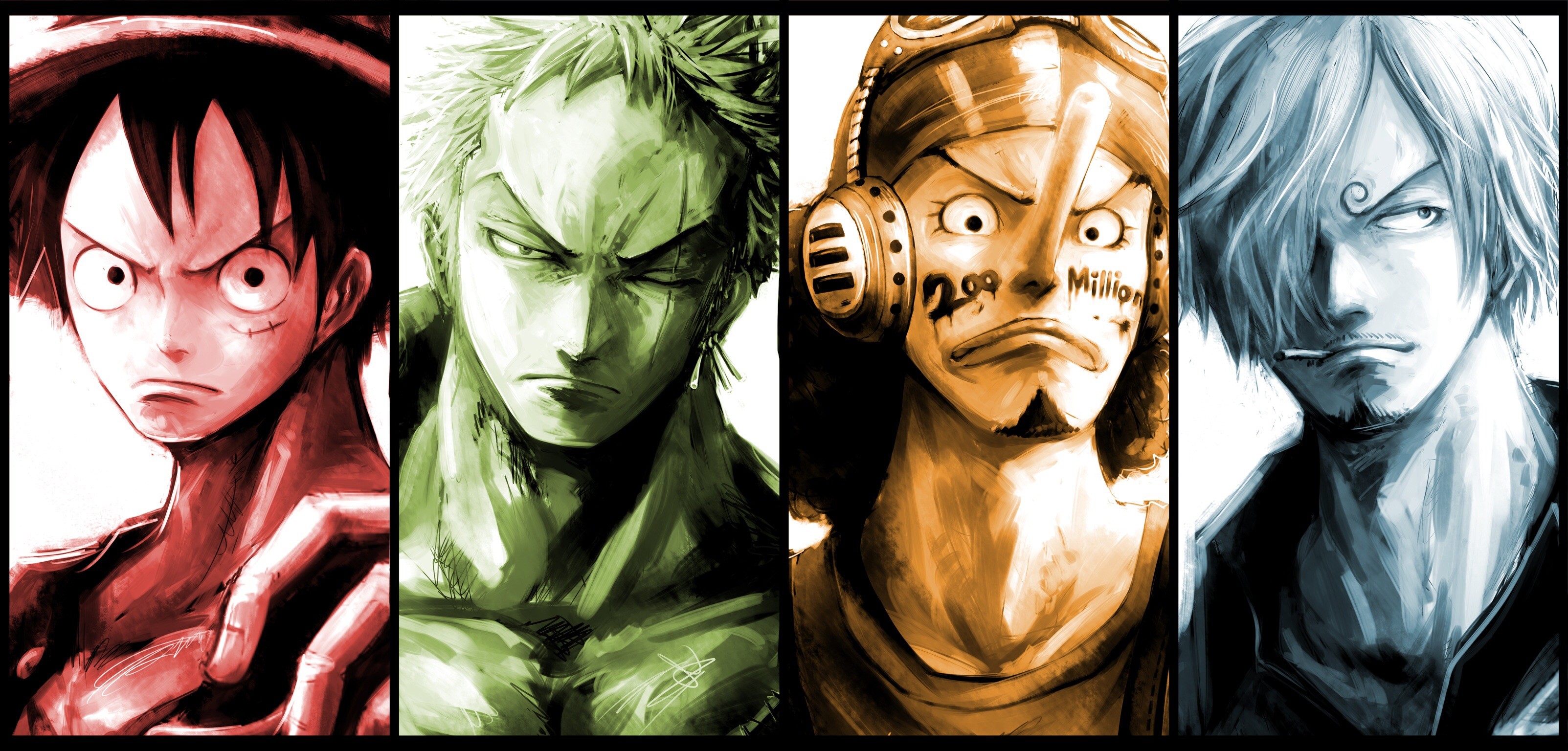 Monkey D. Luffy, Roronoa Zoro, Usopp, Sanji, One Piece, Primi piani, sfondo desktop 2K