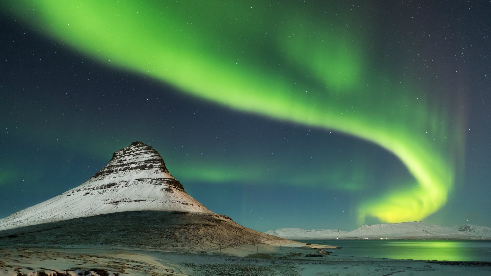 Kirkjufell, Aurora boreale, Islanda, Neve, Notte, Full HD, sfondo per PC