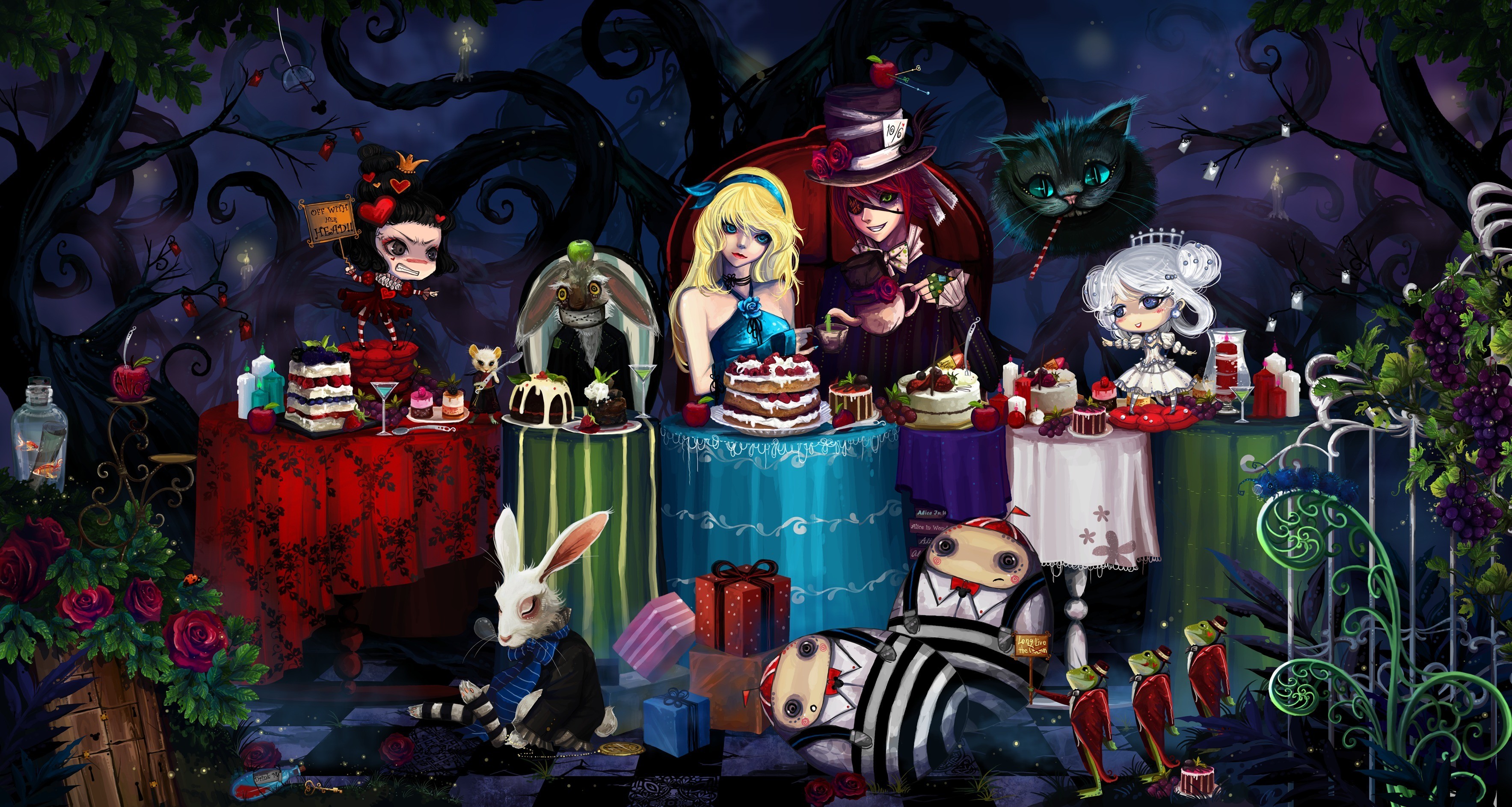 Tea party, Alice, Cappellaio Matto, Bianconiglio, Stregatto, Anime, sfondo 2K per computer