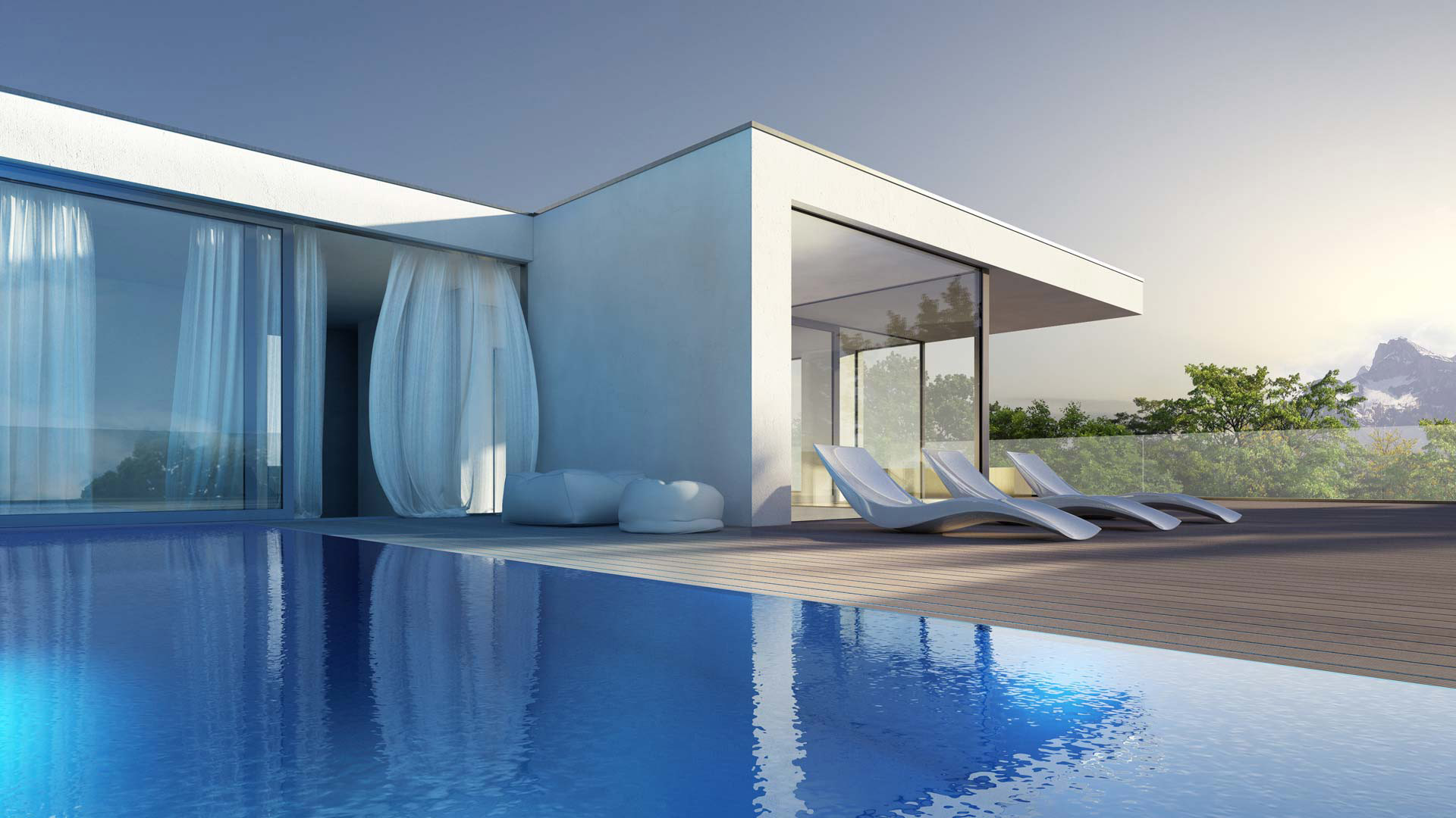 Villa moderna, Piscina a sfioro, Architettura minimalista, Rendering 3D, Cielo azzurro, sfondo per PC