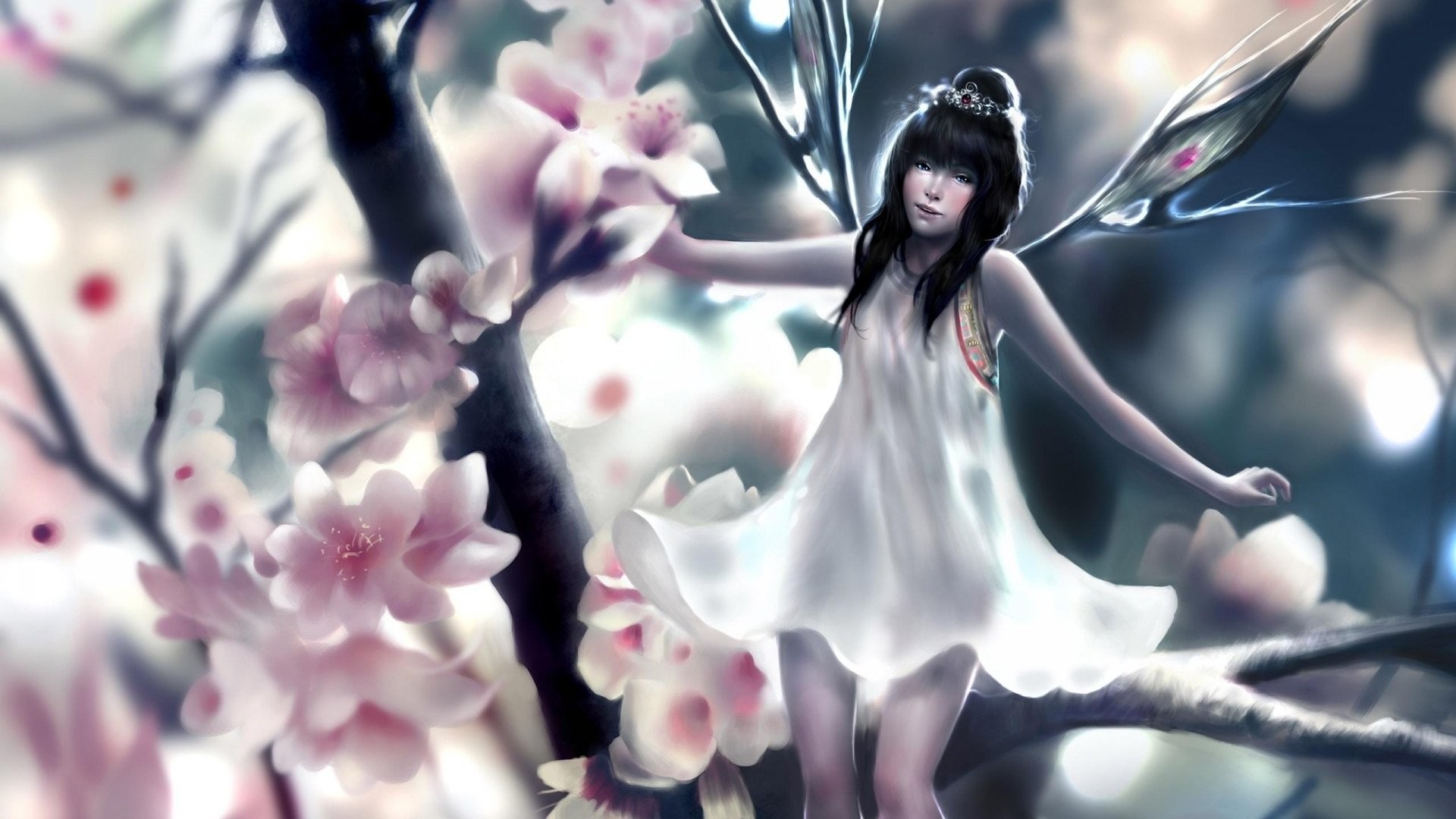 Fata, Fiori di ciliegio, Arte fantasy, Full HD 1080p, sfondo desktop