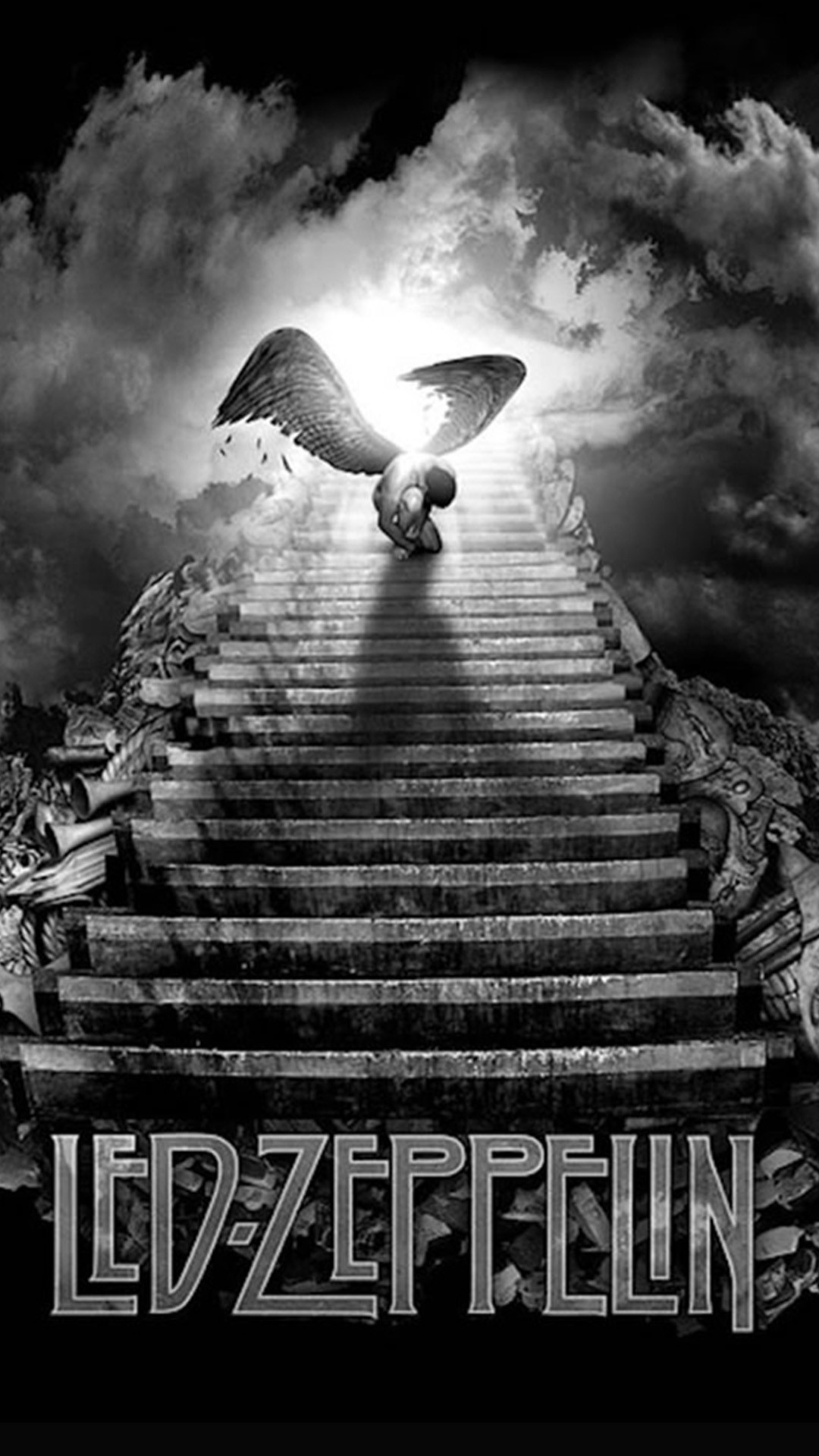 Led Zeppelin, Stairway to Heaven, Angelo, Scalinata, Bianco e nero, sfondo cellulare Android