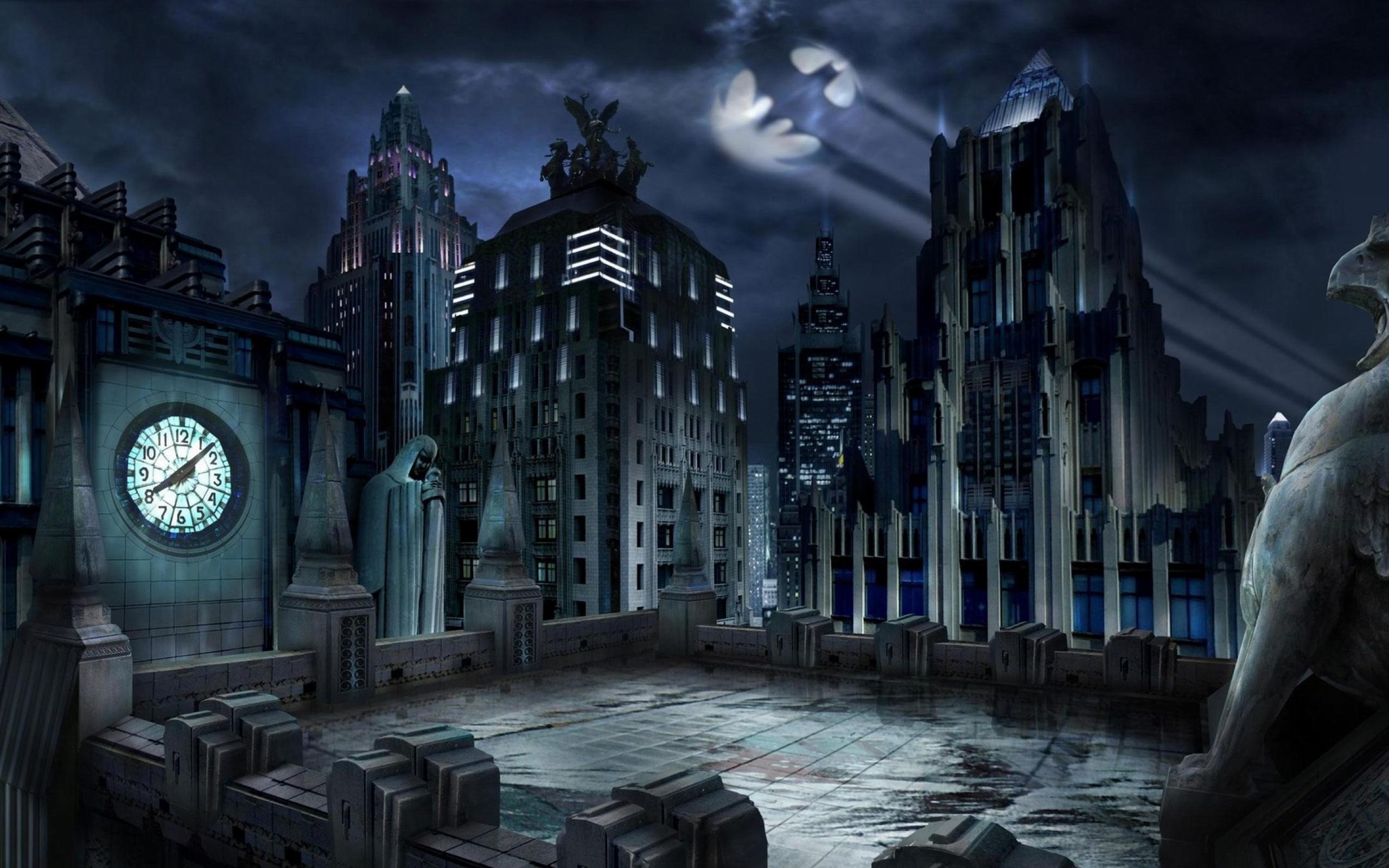 Gotham City, Batsegnale, Tetti, Orologio, Notte, 2K, wallpaper per PC