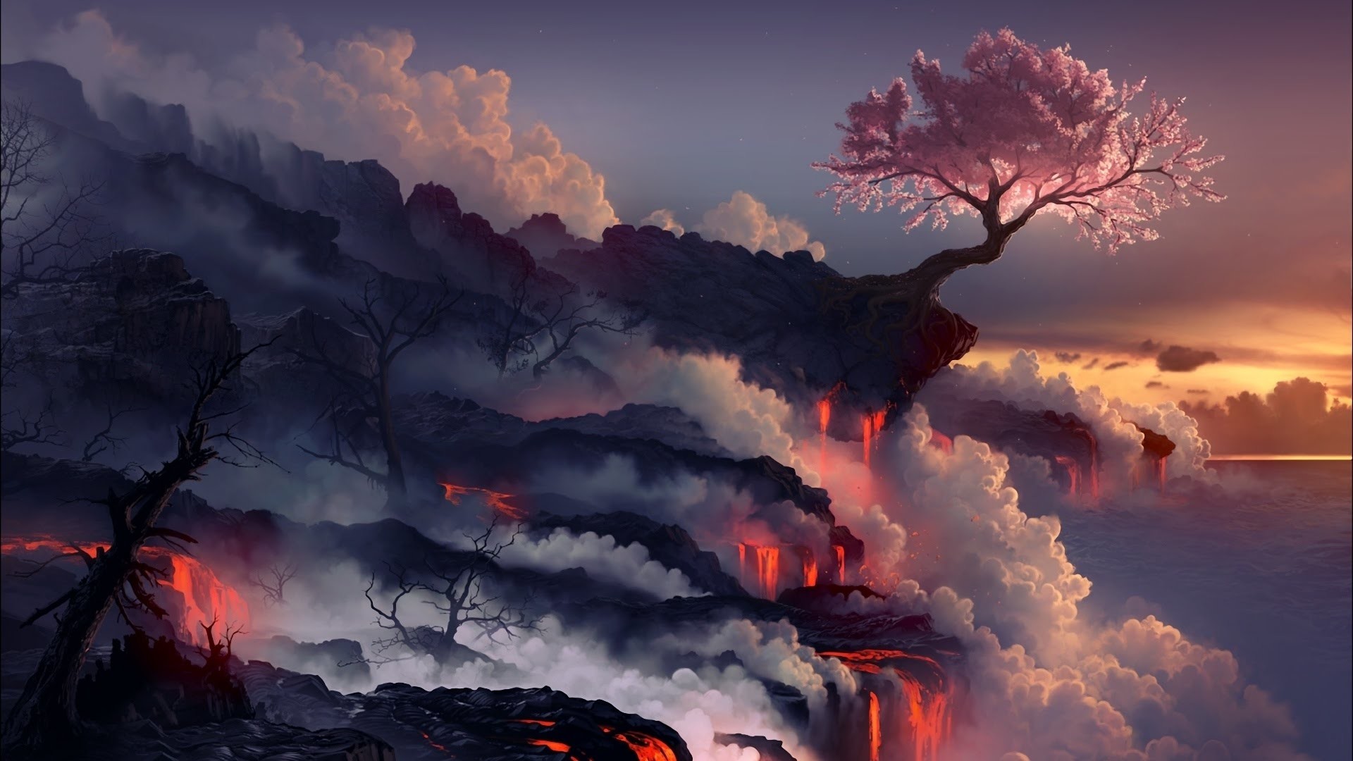 Albero di ciliegio, Nuvole, Lava, Arte fantasy, Tramonto, Full HD, sfondo desktop