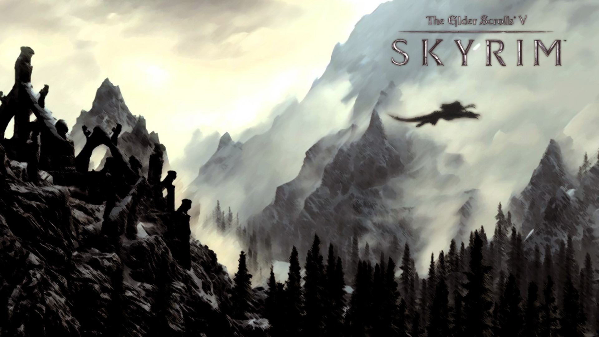 The Elder Scrolls V: Skyrim, Drago, Montagne, Logo, Nebbia, 1920x1080, immagine di sfondo