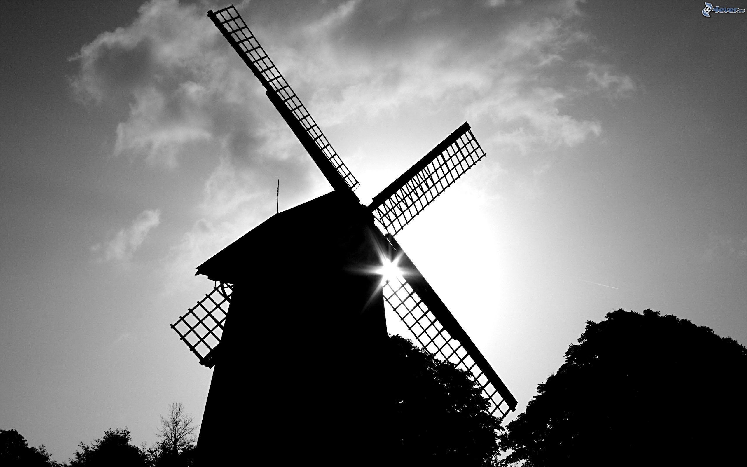 Mulino a vento, Silhouette, Controluce, Nuvole, 2560x1600, sfondo MacBook Pro