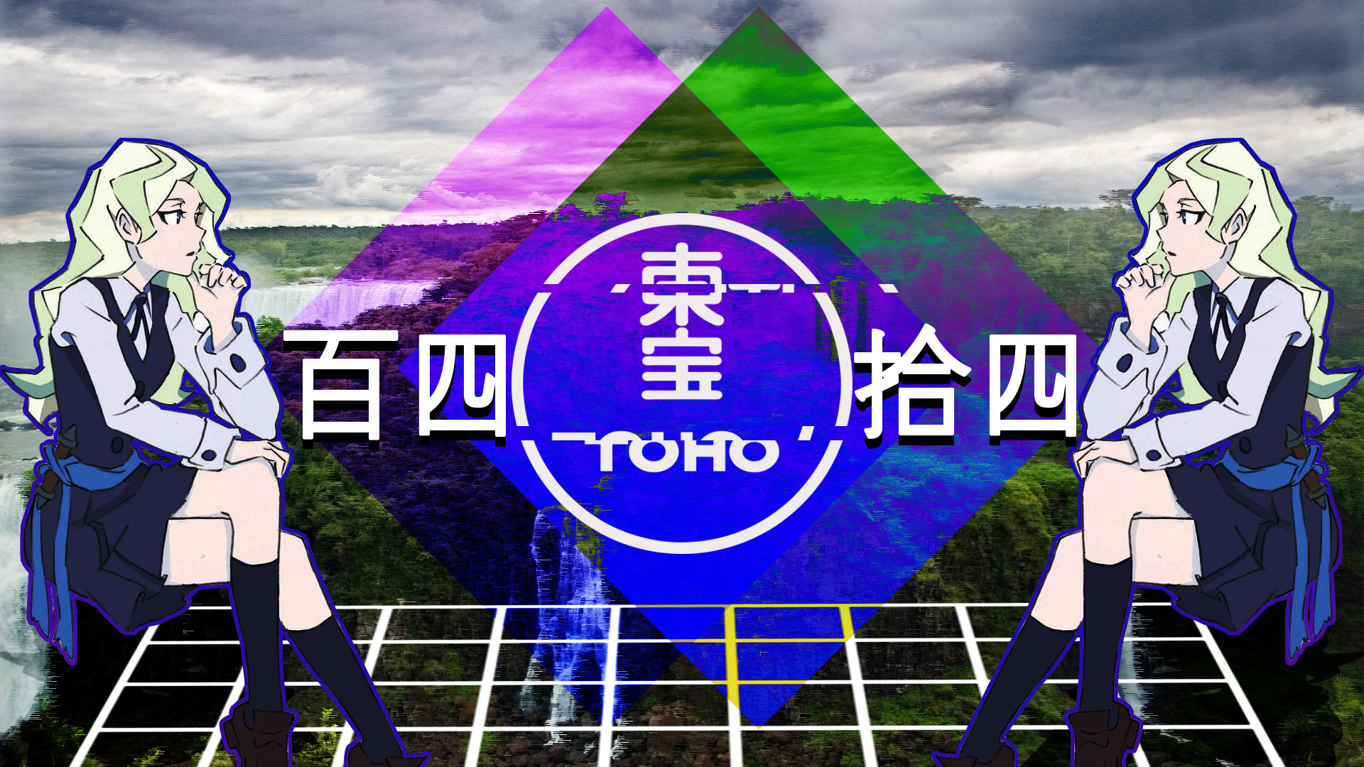 Vaporwave, Toho, Anime, Kanji, Griglia, Full HD, wallpaper per computer