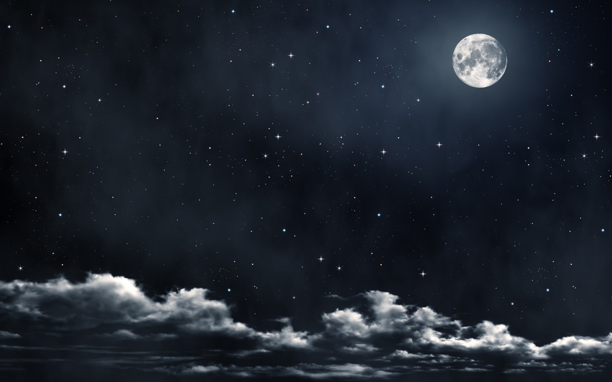 Luna piena, Cielo stellato, Nuvole, Notte, 16:10 2K, sfondo widescreen