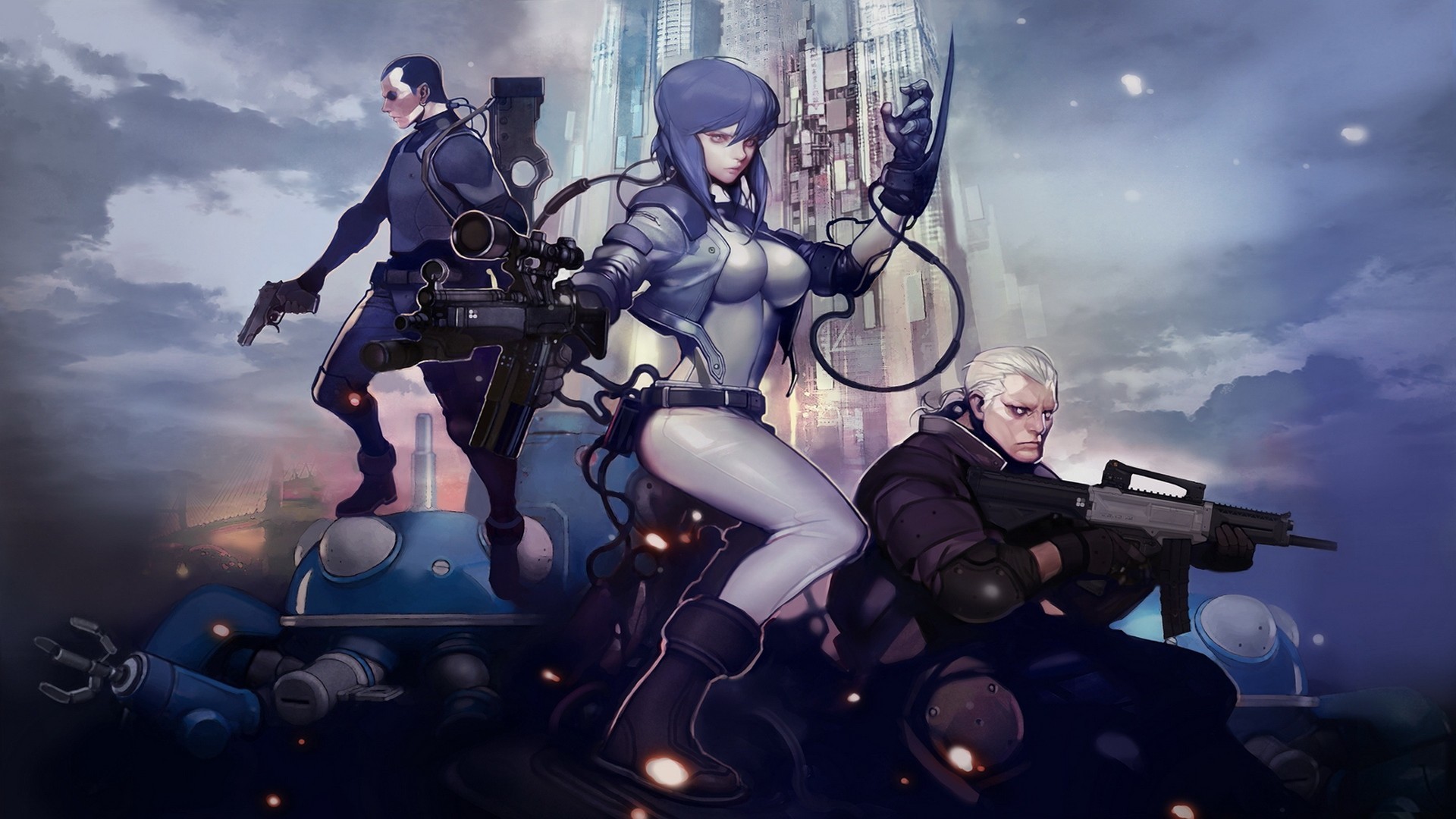 Motoko Kusanagi, Batou, Togusa, Ghost in the Shell, Squadra, Città futuristica, sfondo Full HD