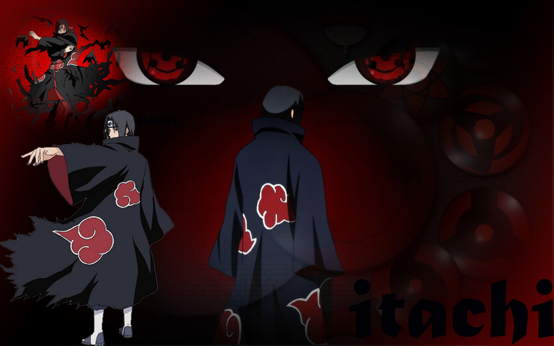 Itachi Uchiha, Akatsuki, Mangekyō Sharingan, Sfondo rosso, 1920x1200, wallpaper desktop