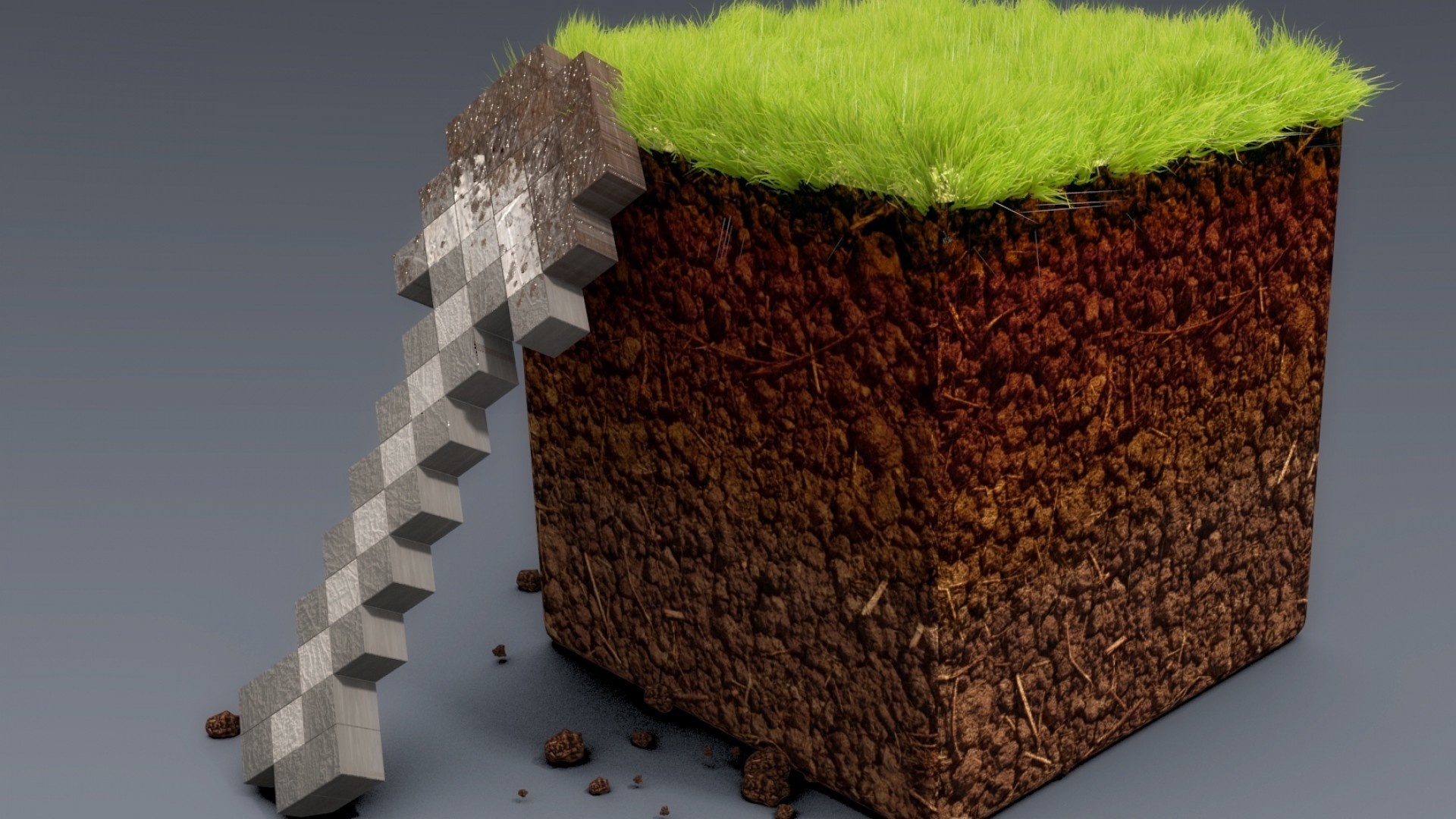 Blocco d'erba, Pala, Minecraft, Rendering 3D, Full HD, sfondo desktop