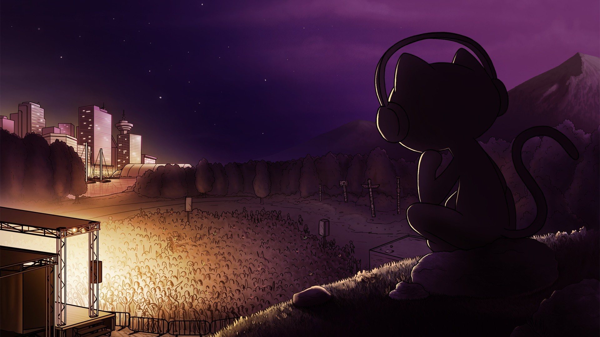 Gatto, Cuffie, Concerto all'aperto, Notte, Illustrazione, Full HD 1080p, sfondo desktop