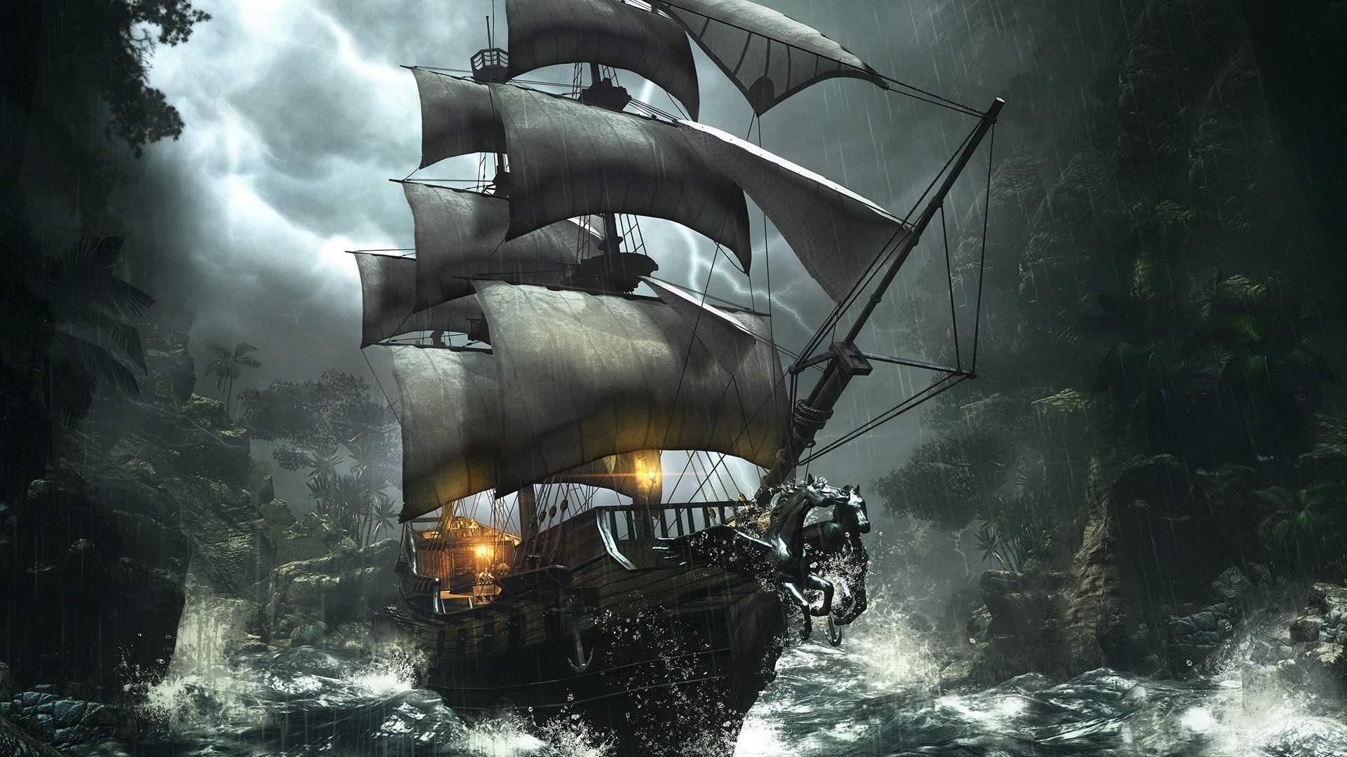 Pirati, Nave pirata, Tempesta, Onde, 16:9 Full HD, sfondo widescreen