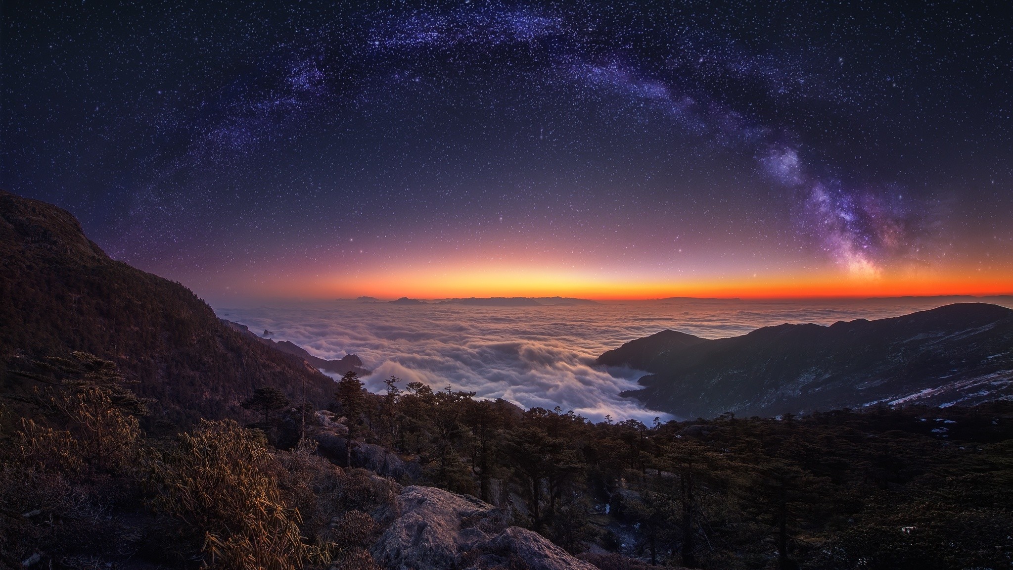 Via Lattea, Mare di nuvole, Arco galattico, Alba, Full HD, sfondo per PC e portatile