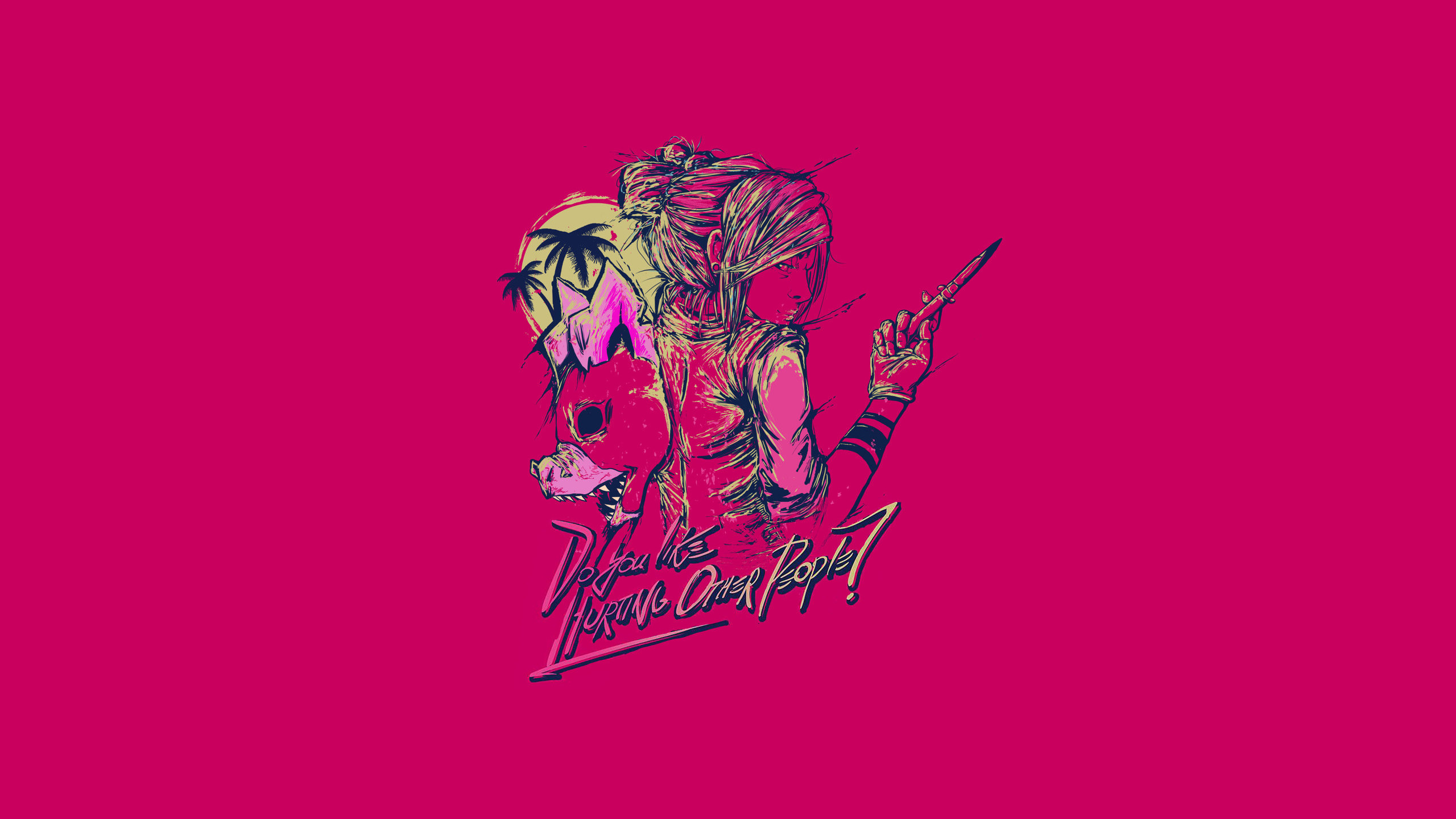 Hotline Miami, Jacket, Do You Like Hurting Other People?, Sfondo magenta, wallpaper desktop 2K