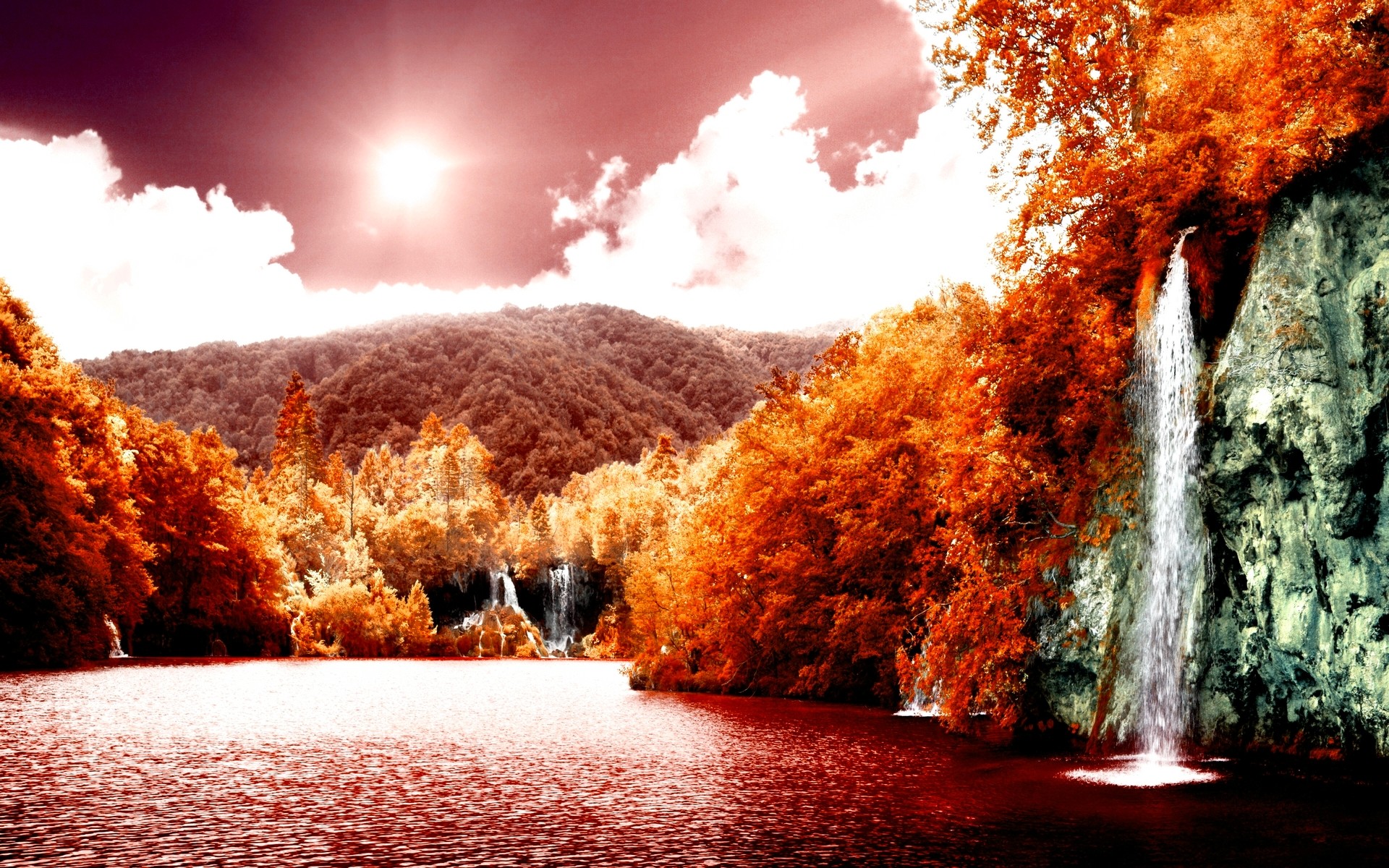 Cascata, Lago, Sole, Foglie rosse, Fotoritocco, 1920x1200, immagine di sfondo