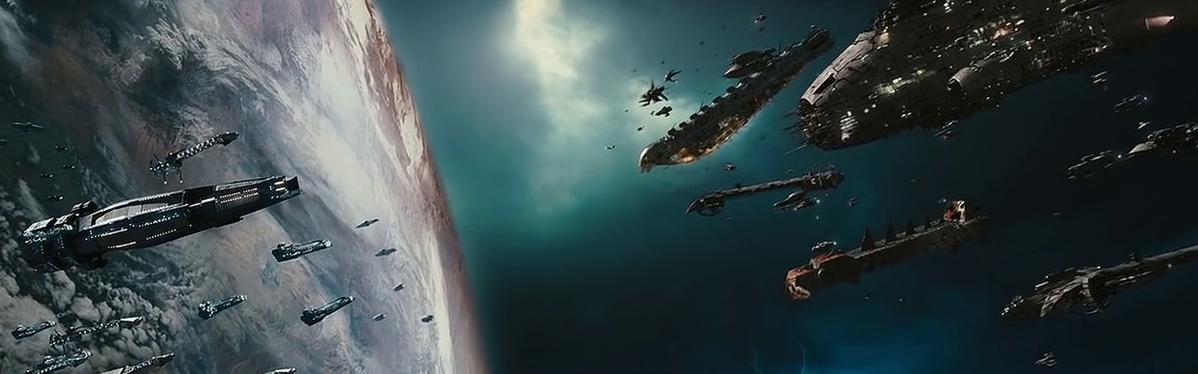 Astronavi, Flotta spaziale, Pianeta, Fantascienza, doppio schermo, sfondo Full HD
