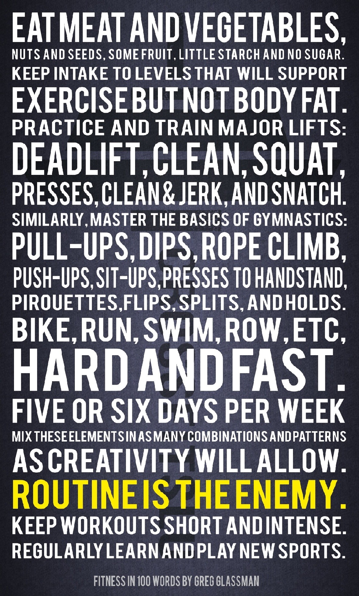 Greg Glassman, Manifesto CrossFit, Tipografia, Routine is the enemy, sfondo Full HD per cellulare