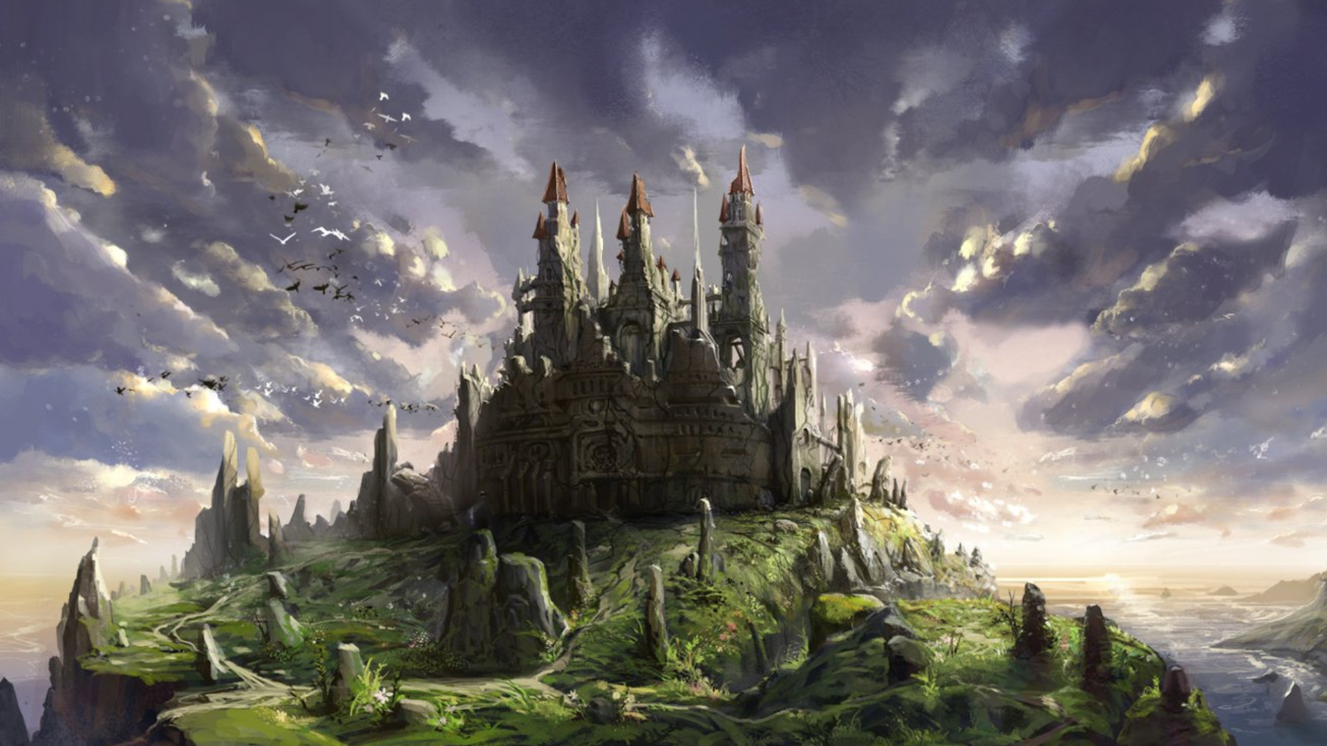 Castello, Collina, Nuvole, Paesaggio fantasy, Full HD, sfondo Windows 11