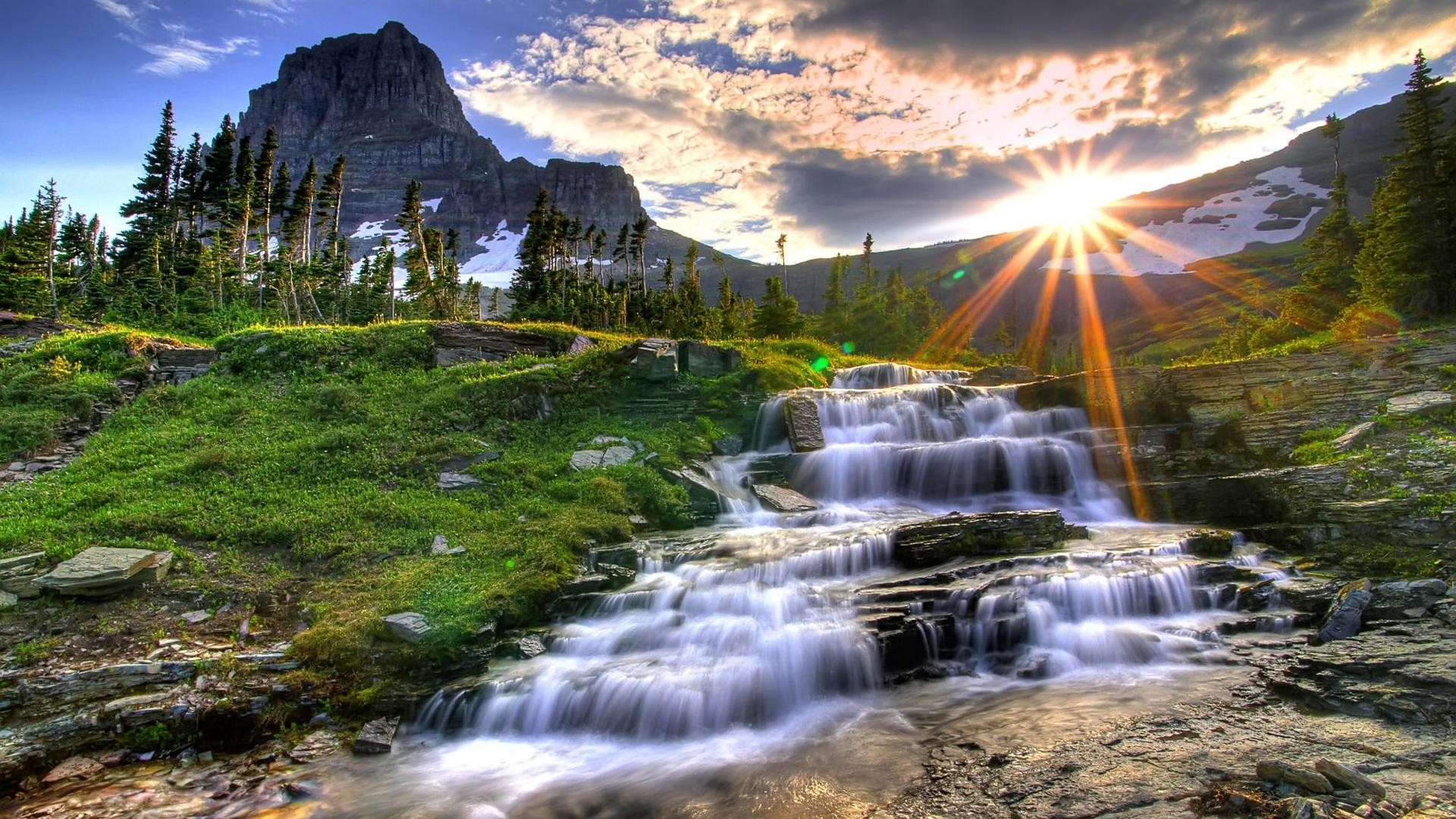 Parco nazionale di Glacier, Cascata, Montagne, Raggi di sole, Full HD, sfondo desktop