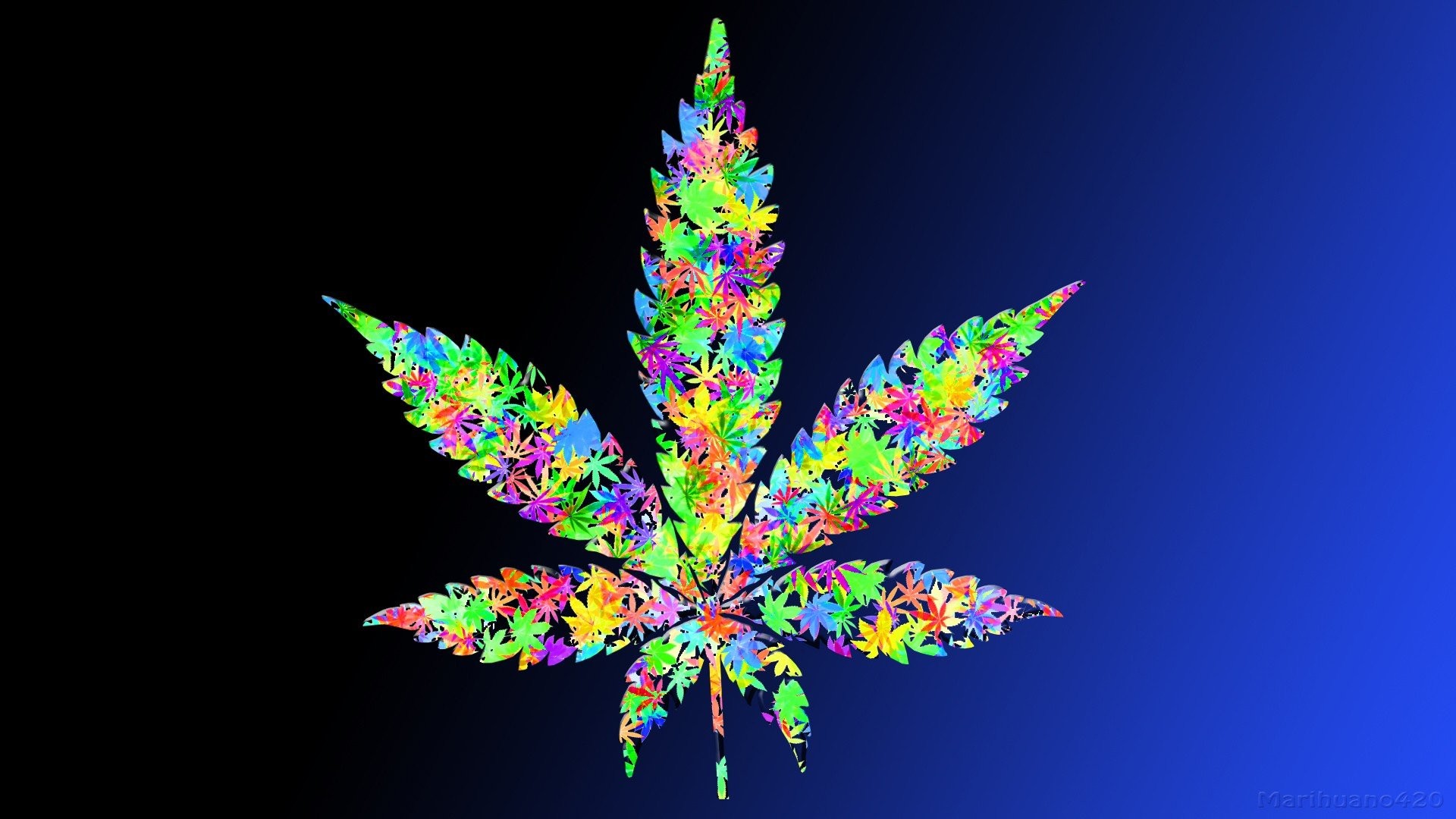 Foglia di cannabis, Mosaico, Colori vivaci, Sfondo blu, Full HD, wallpaper per desktop