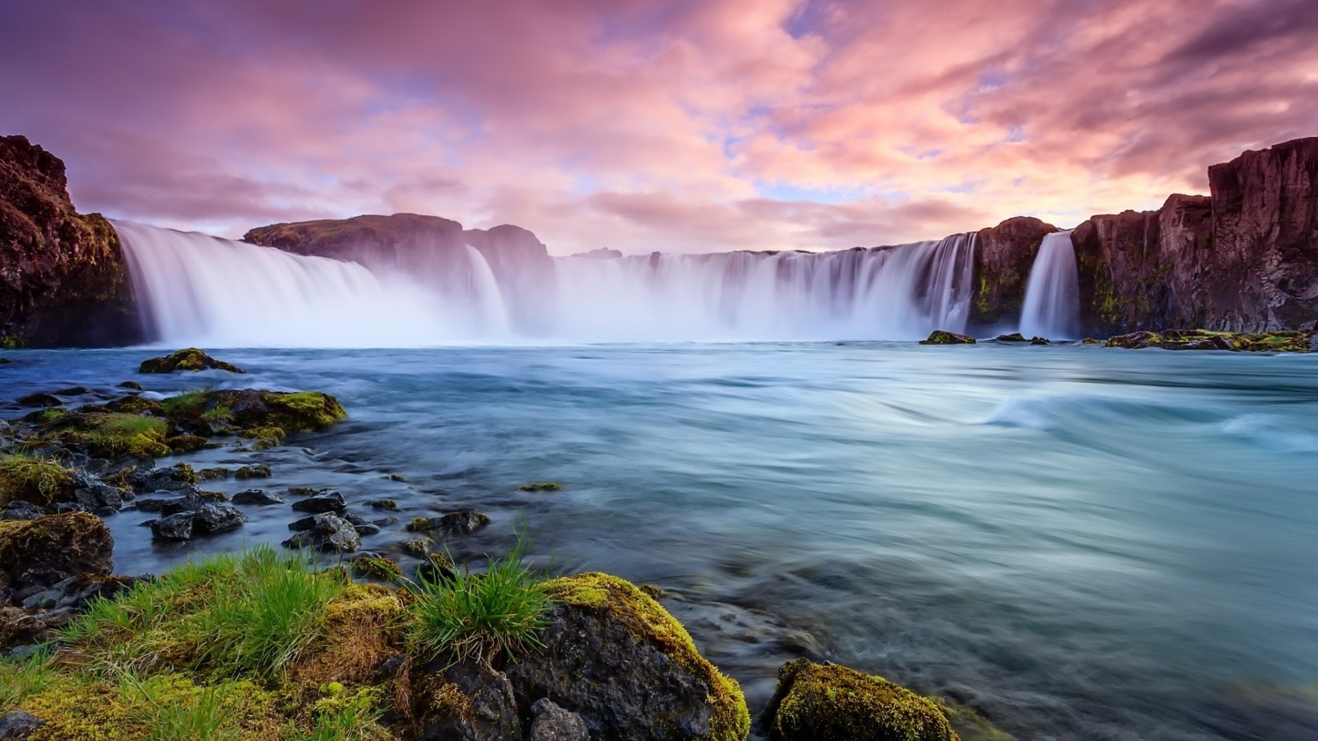 Goðafoss, Islanda, Cascata, Cielo rosa, Full HD 1080p, sfondo desktop