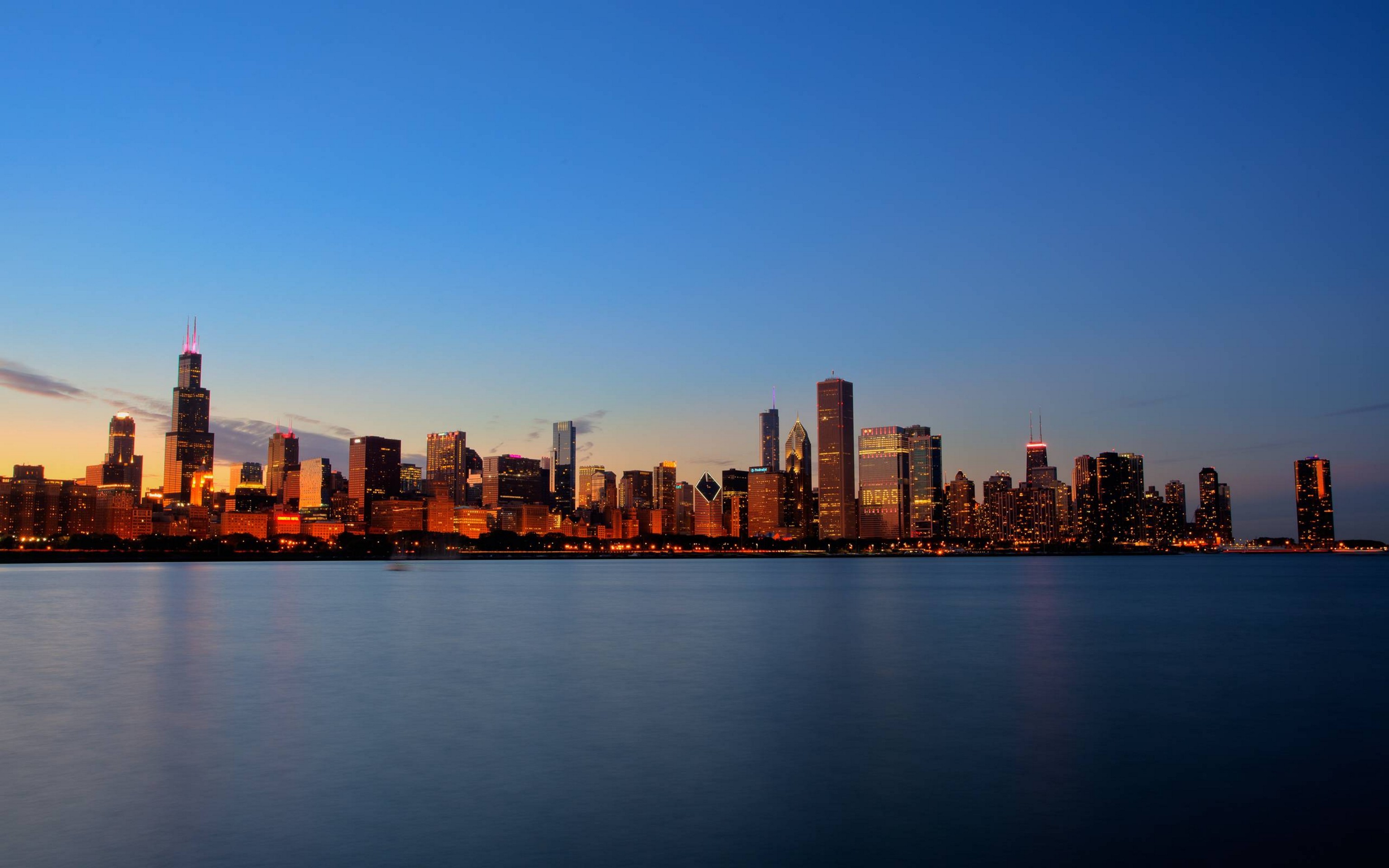 Chicago, Skyline, Willis Tower, Lago Michigan, Crepuscolo, 3072x1920, sfondo MacBook Pro